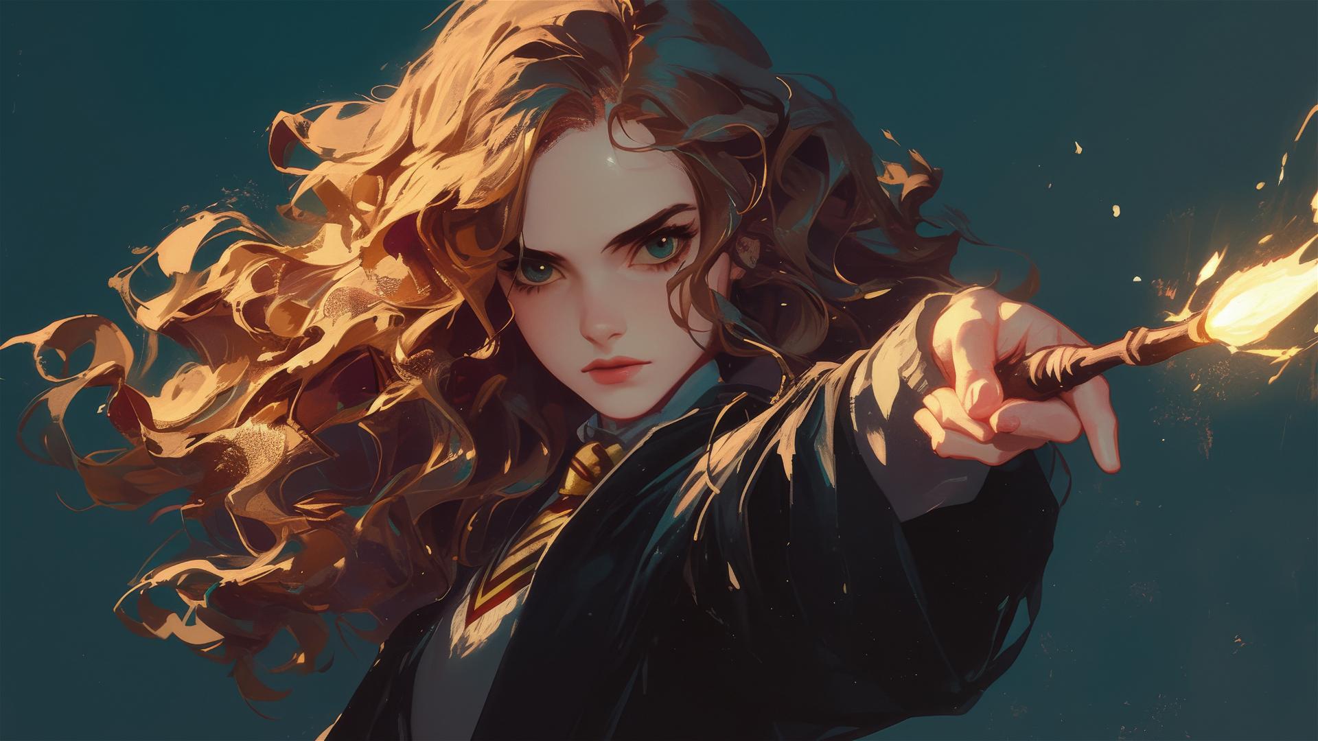 Artistic Hermione Granger portrait with dark backdrop and spotlight effect