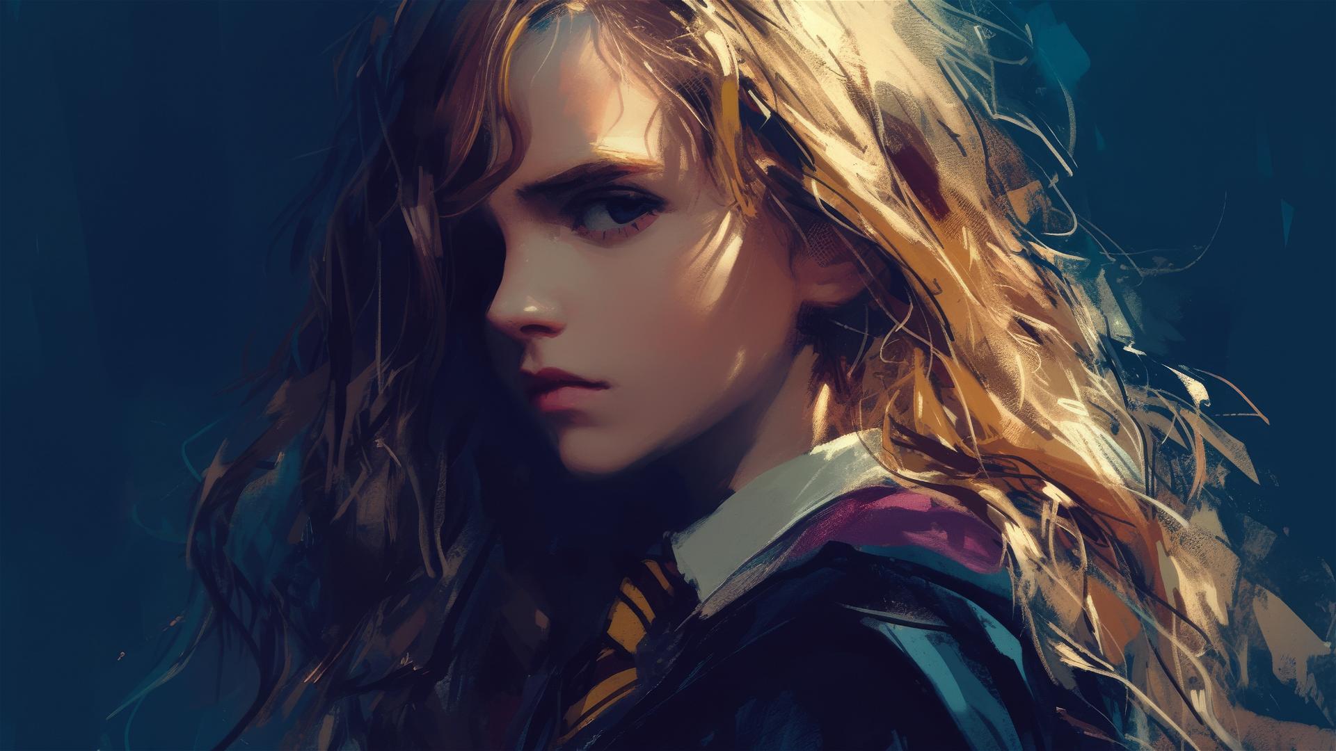 Hermione Granger illustration with dark background and spotlight