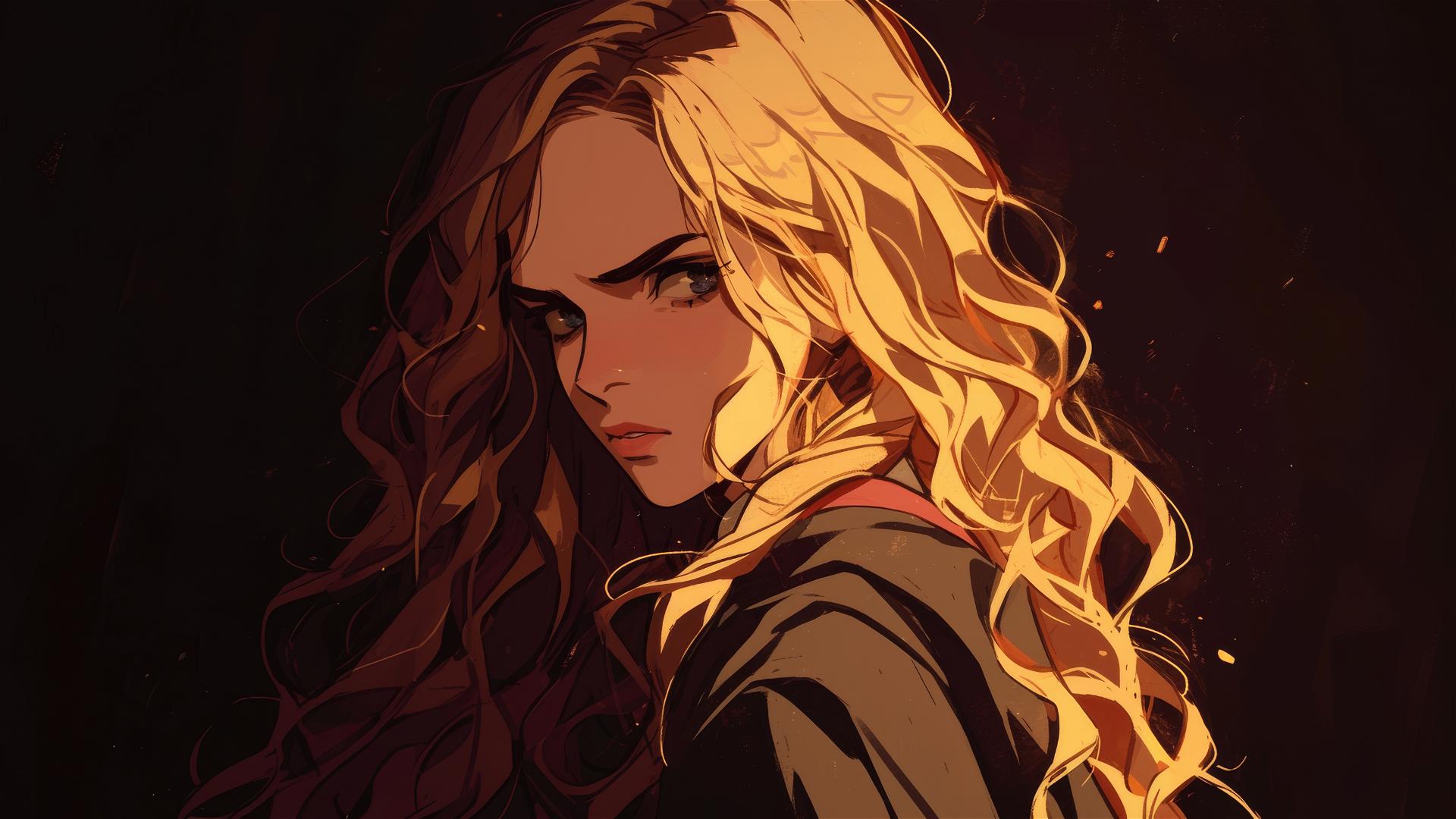 Art illustration of Hermione Granger with a dark background and spotlight effect