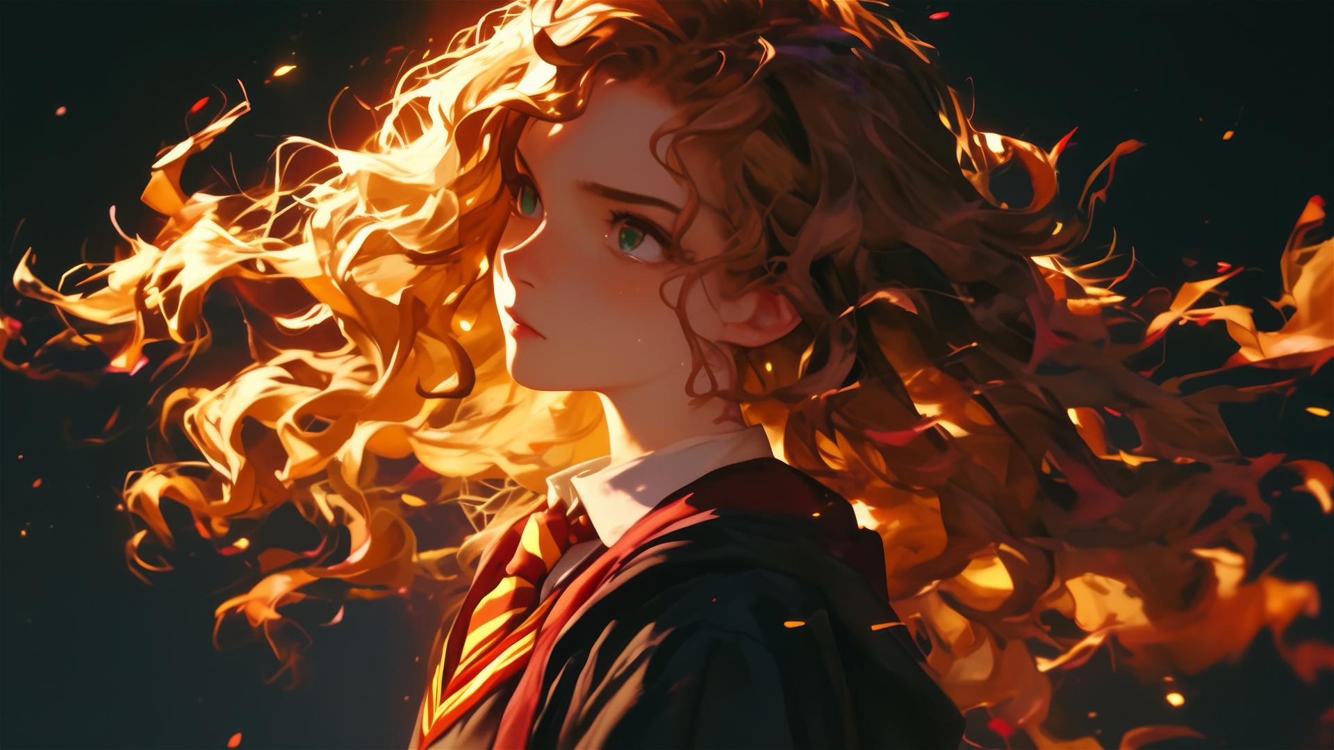 Isolated drawing of Hermione Granger with dark background and spotlight effect