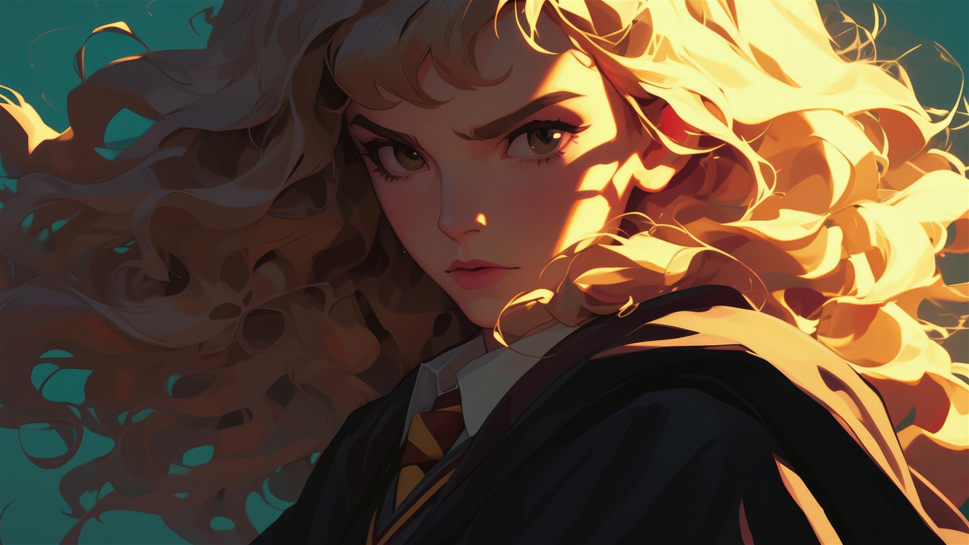 Artistic illustration of Hermione Granger with dark background and spotlight effect