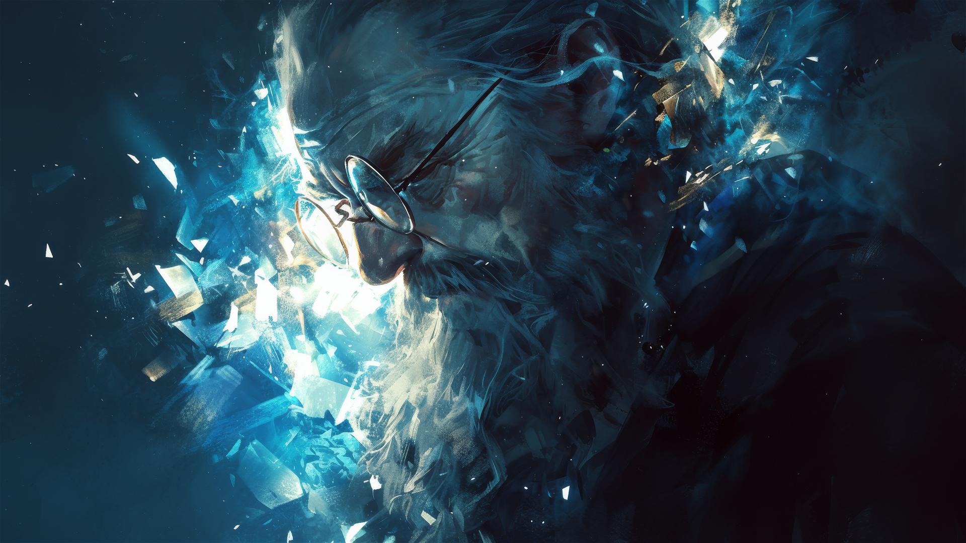 Artistic illustration of Dumbledore with a dark background and spotlight effect