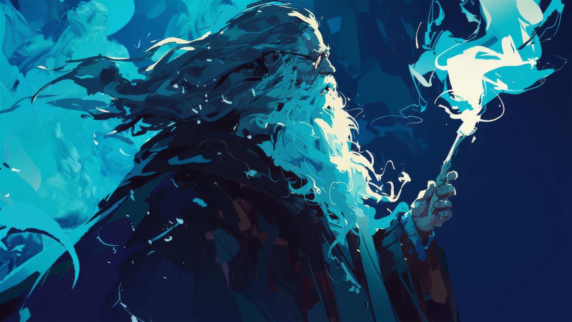 Artistic drawing of Professor Albus Dumbledore with dark background and spotlight