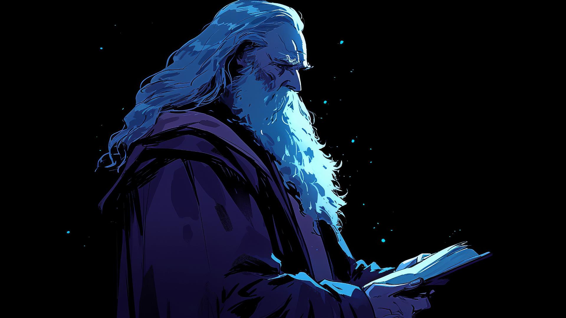 Dumbledore illustration on dark background with spotlight