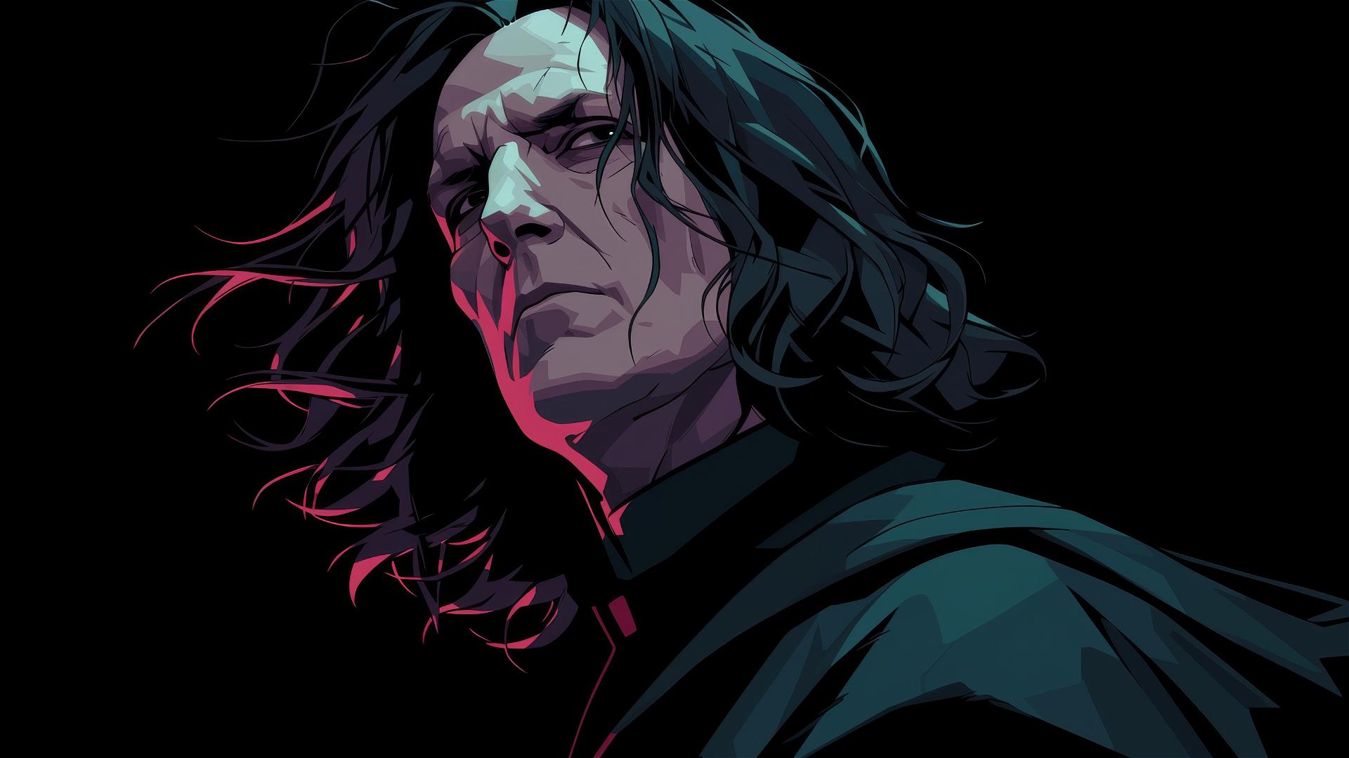 Artistic illustration of Snape from Harry Potter on a dark background with spotlight effect