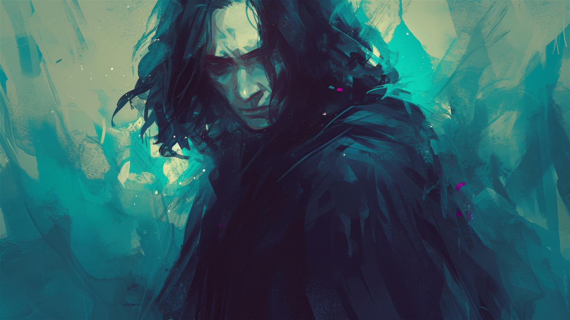 Illustration of Severus Snape with a dark background and spotlight