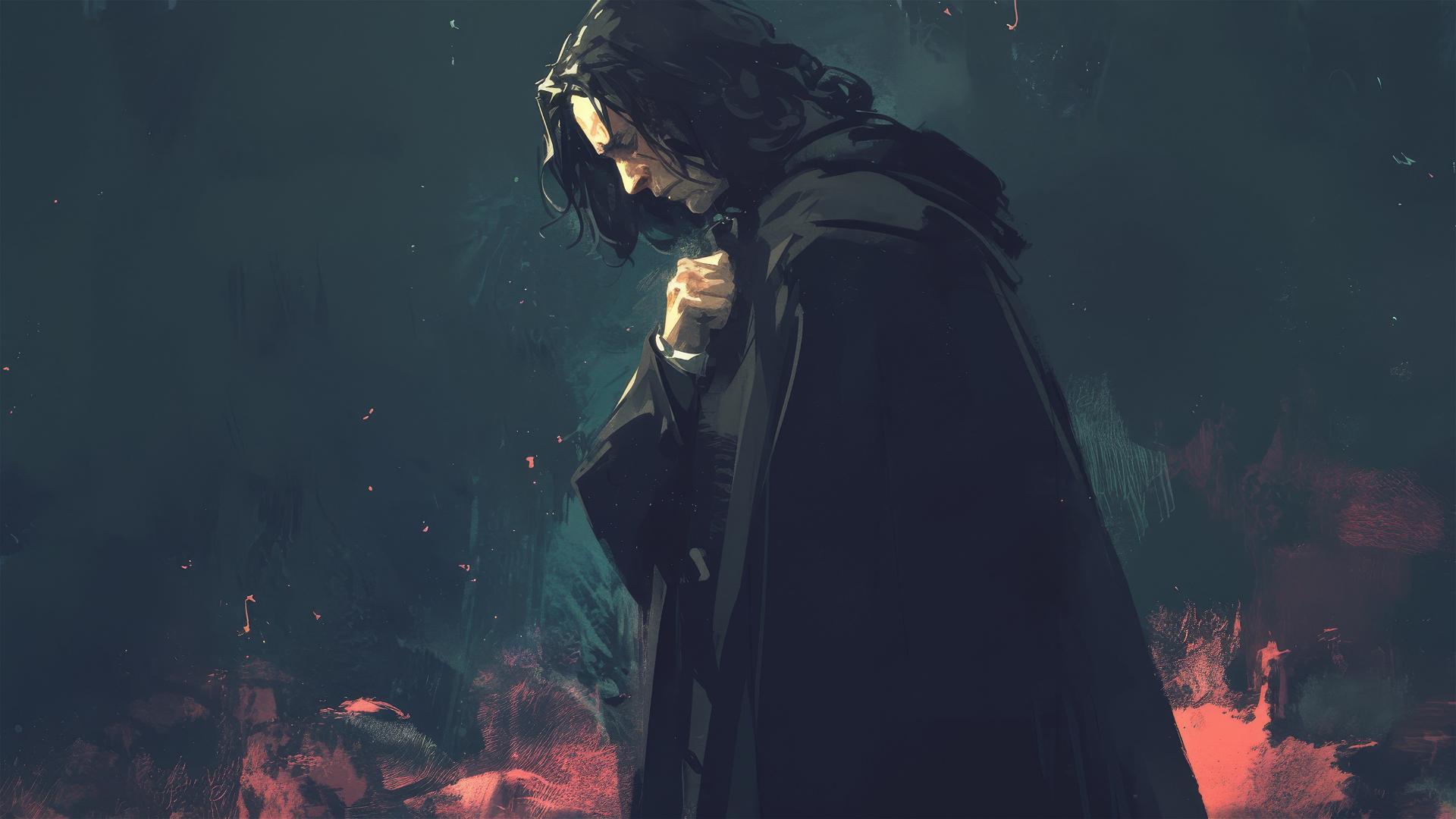 Art illustration of Severus Snape on dark background with spotlight effect