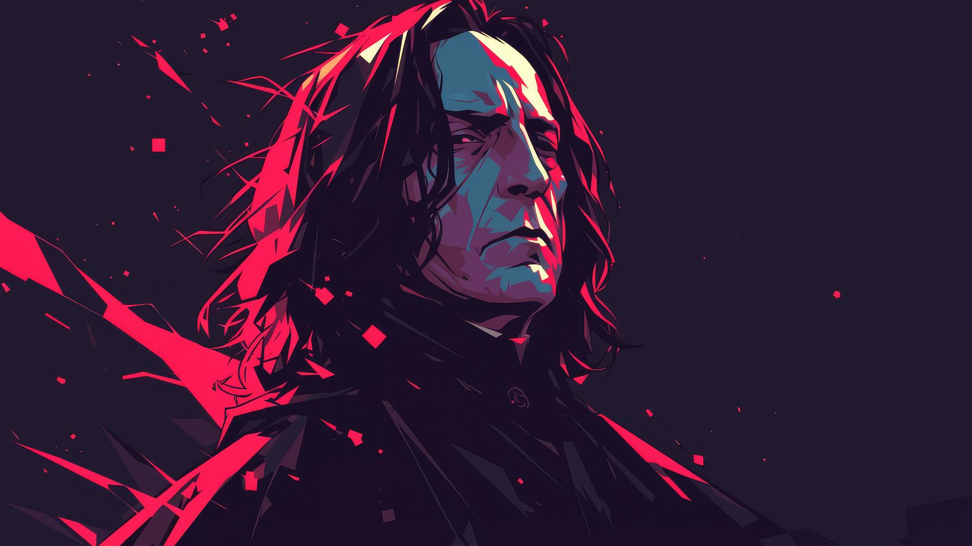 Artistic illustration of Severus Snape with dark background and spotlight effect