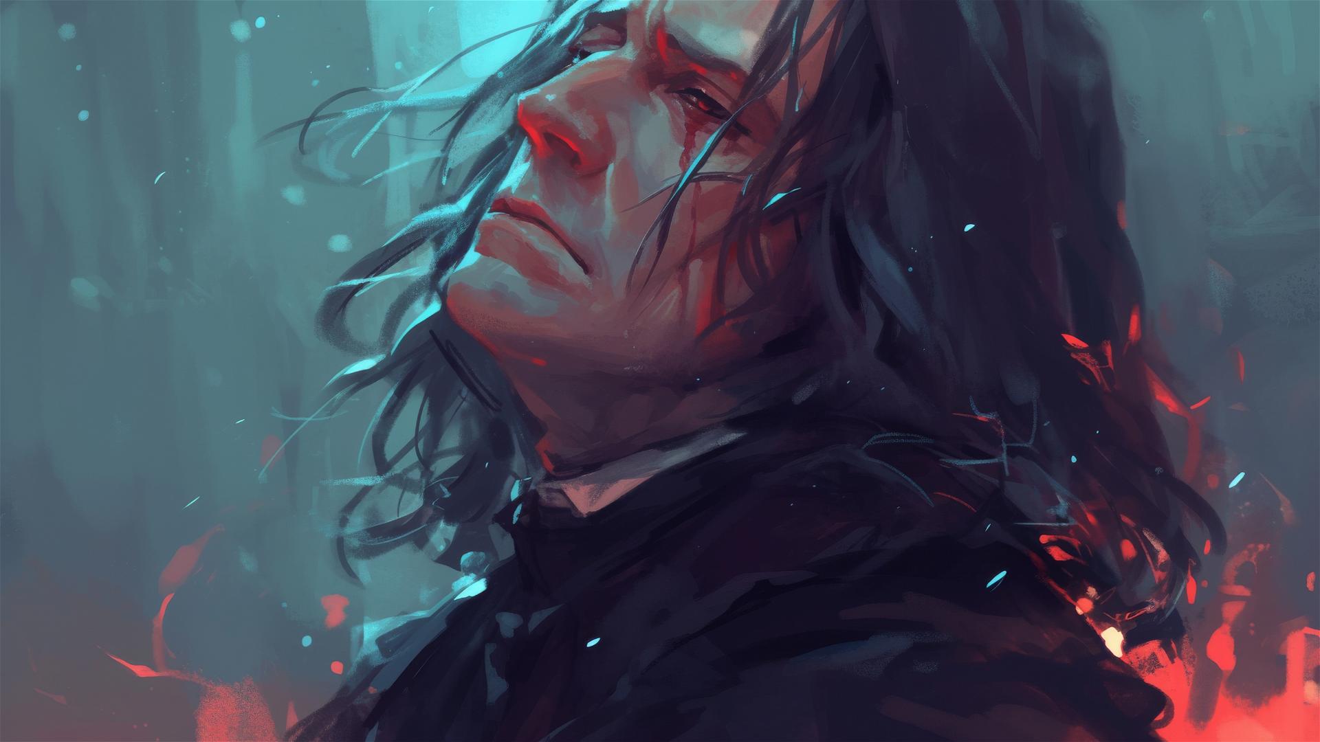 Isolated drawing of Severus Snape from Harry Potter with a spotlight on a dark background