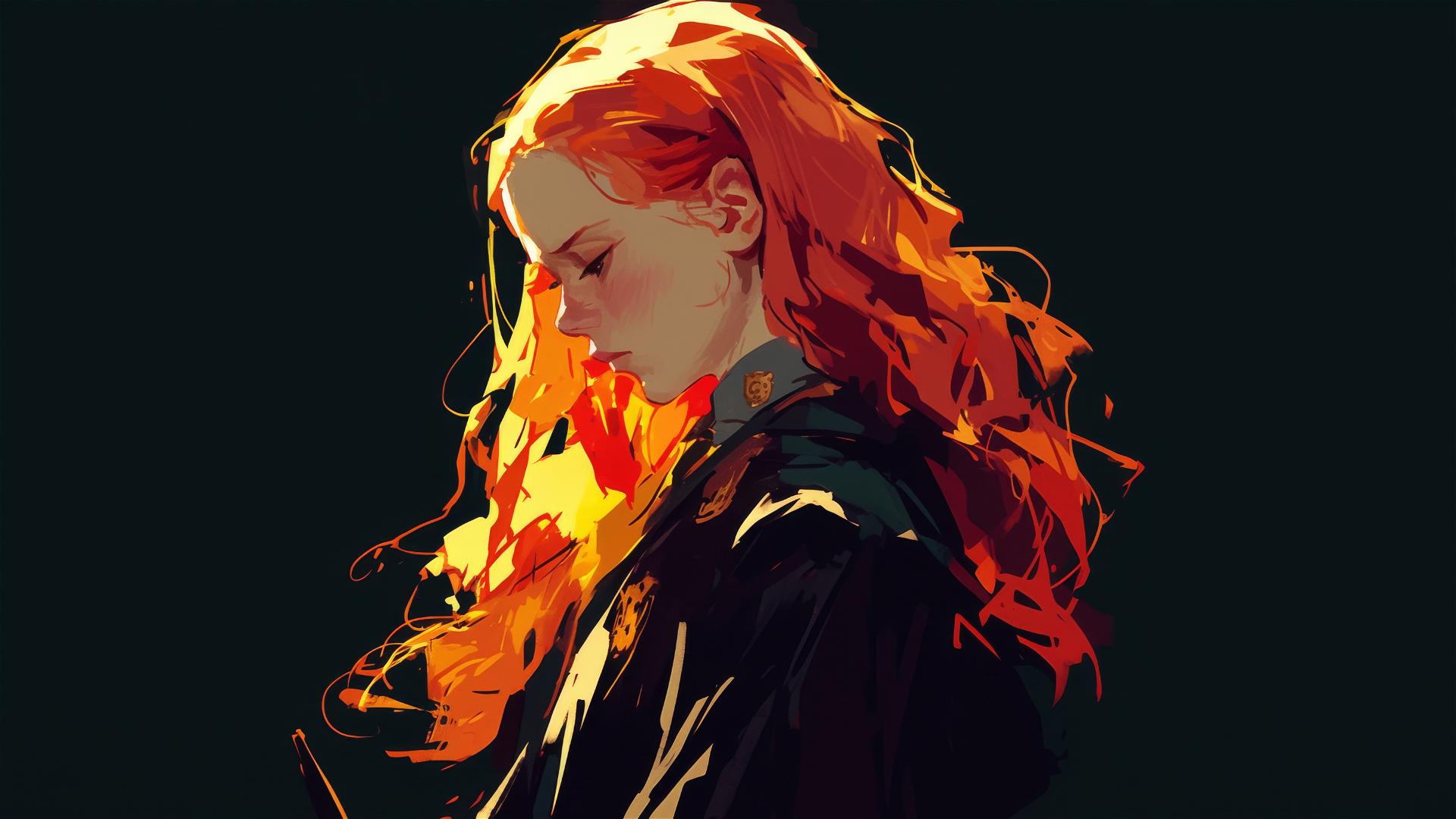 Ginny Weasley illustration with dark background and spotlight effect