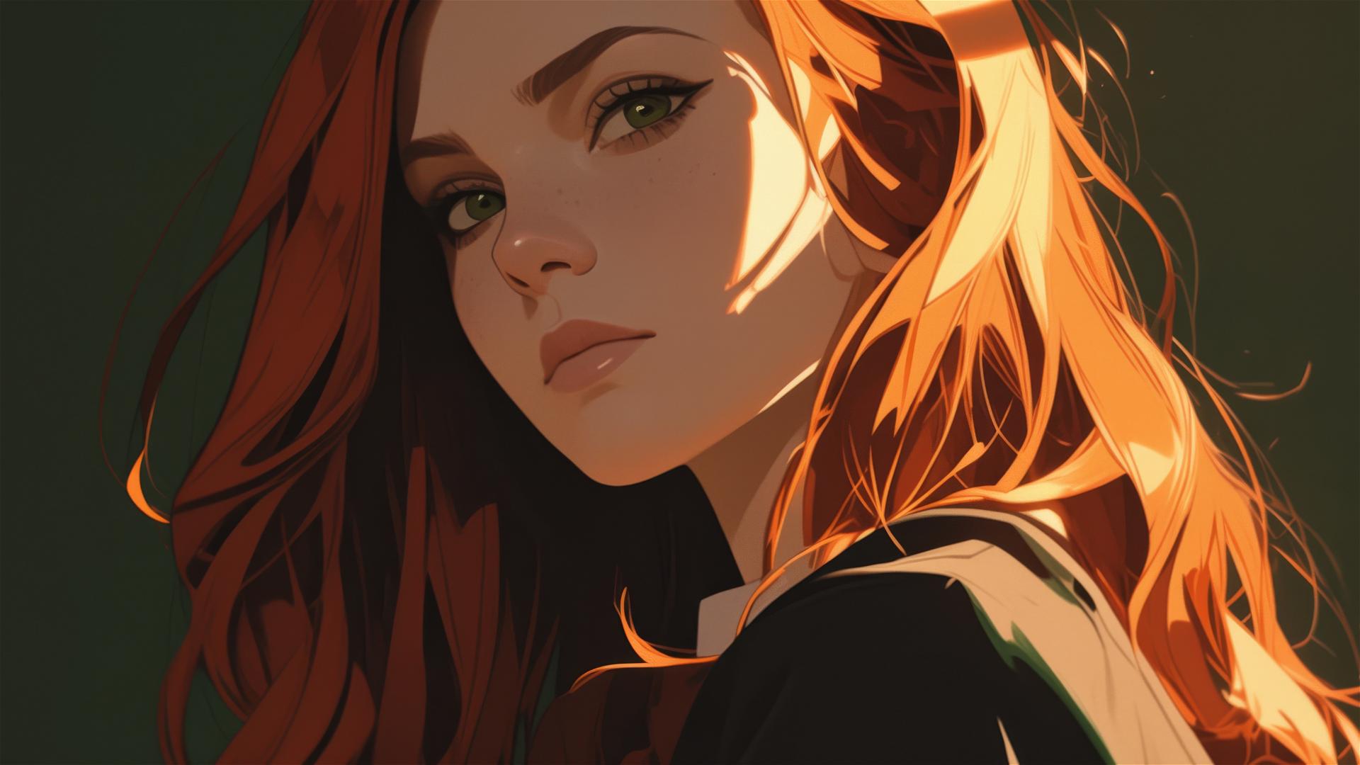 Illustration of Ginny Weasley with dark background and spotlight
