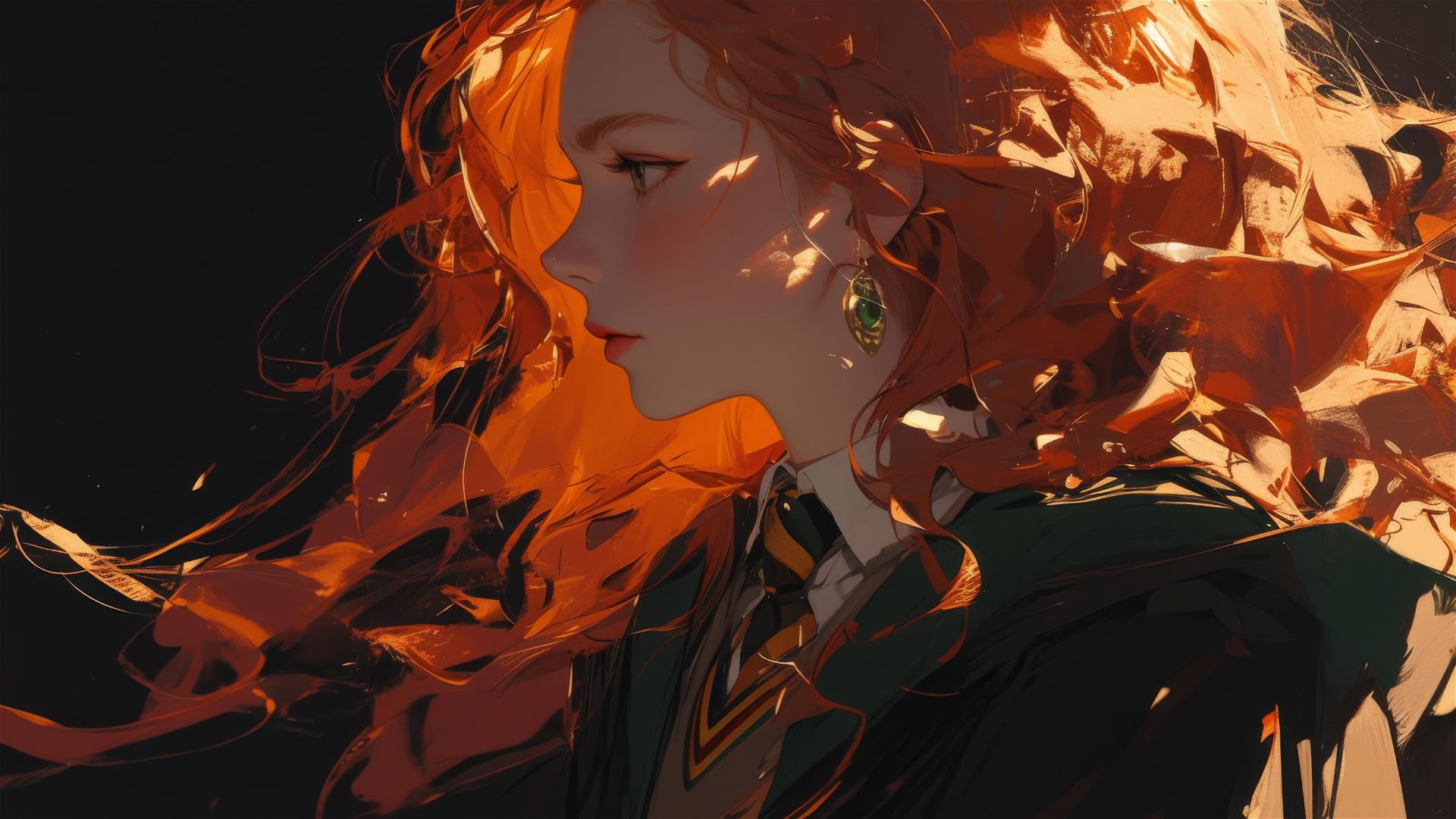 Artistic drawing of Ginny Weasley with dark background and spotlight