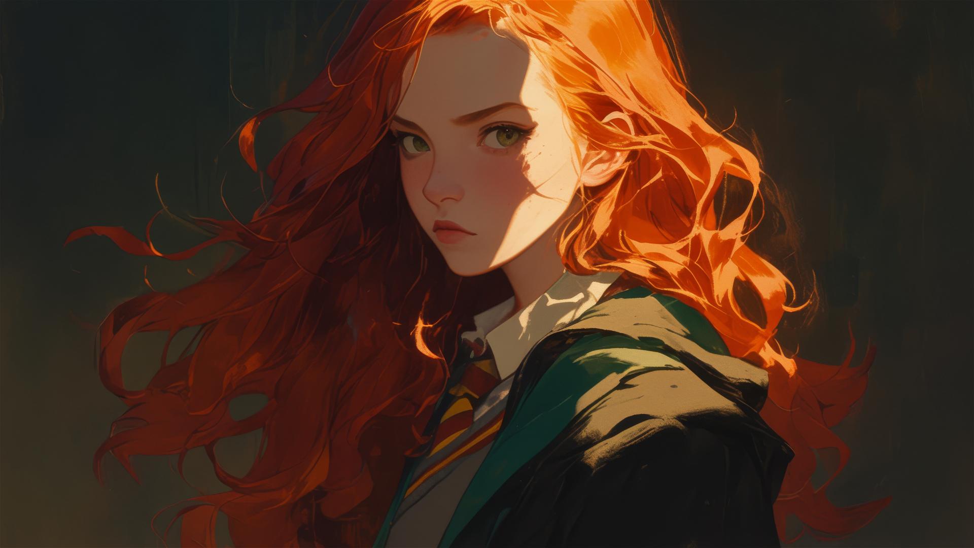 Ginny Weasley illustration with dark background and spotlight