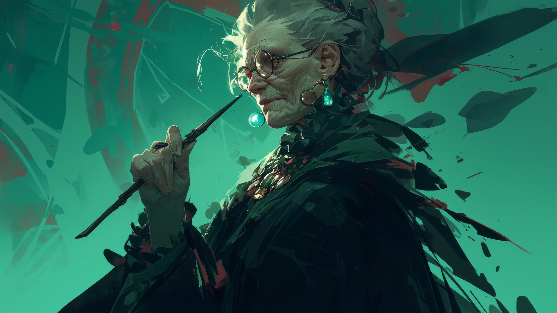 Dark illustration of Professor Minerva McGonagall with spotlight