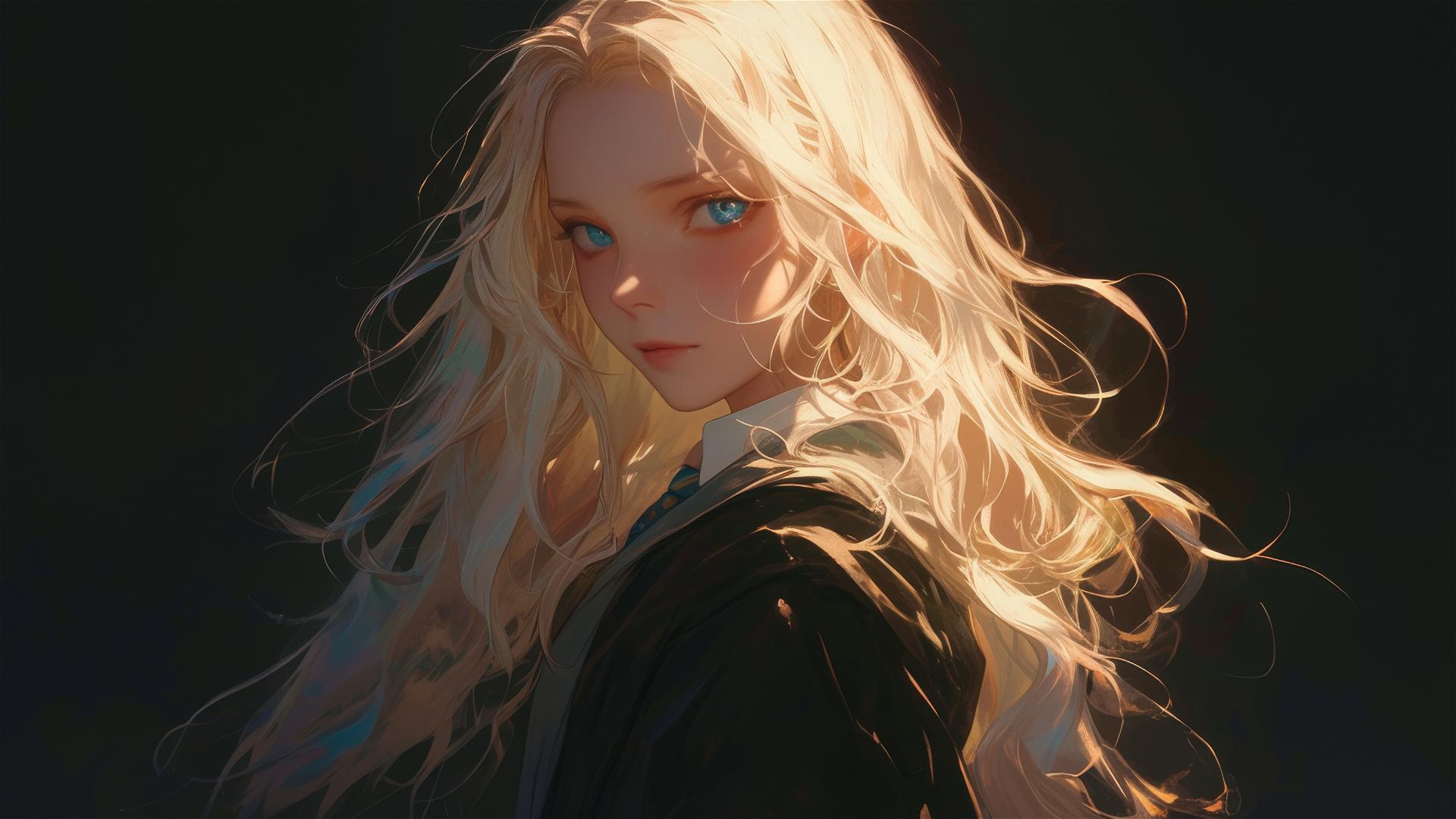 Artistic illustration of Luna Lovegood with a dark background and spotlight effect