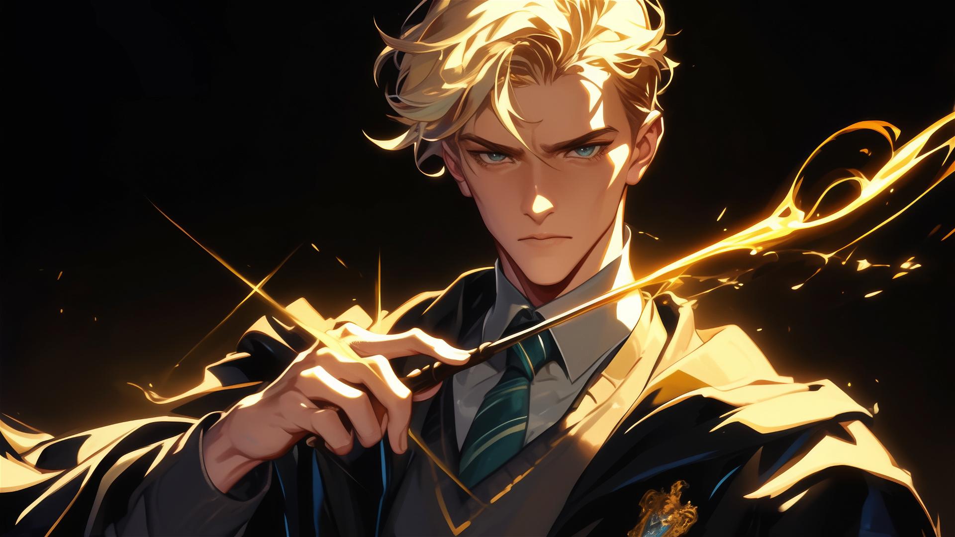 Draco Malfoy illustration with dark background and spotlight