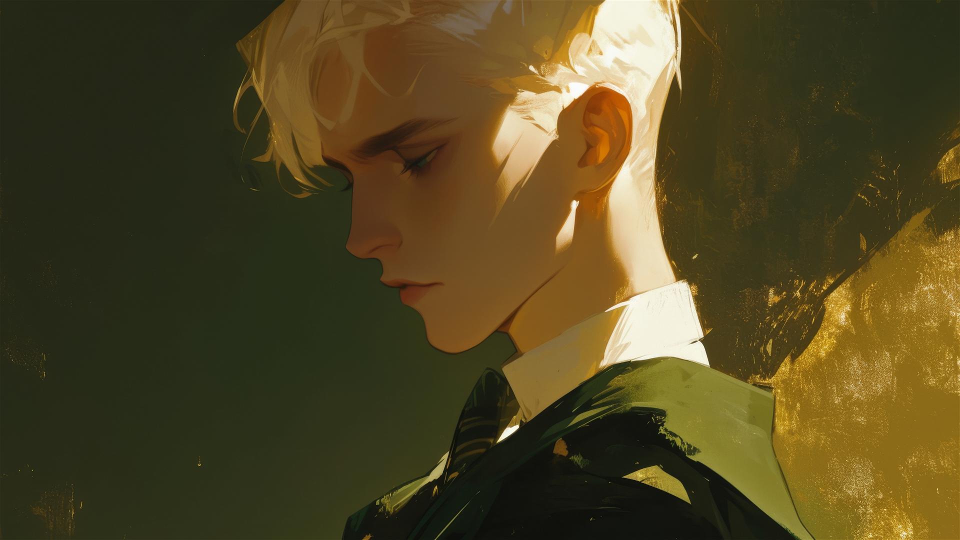 Illustration of Draco Malfoy with golden hair on dark background