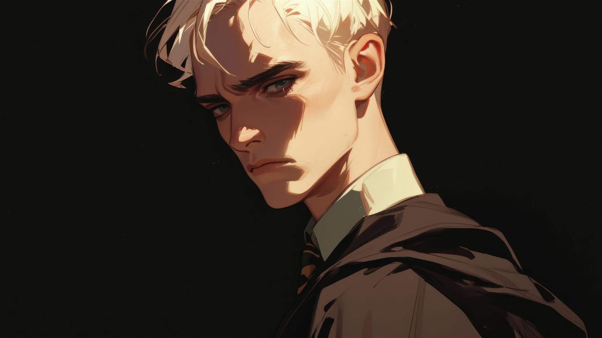 Artistic illustration of Draco Malfoy with golden hair on dark background
