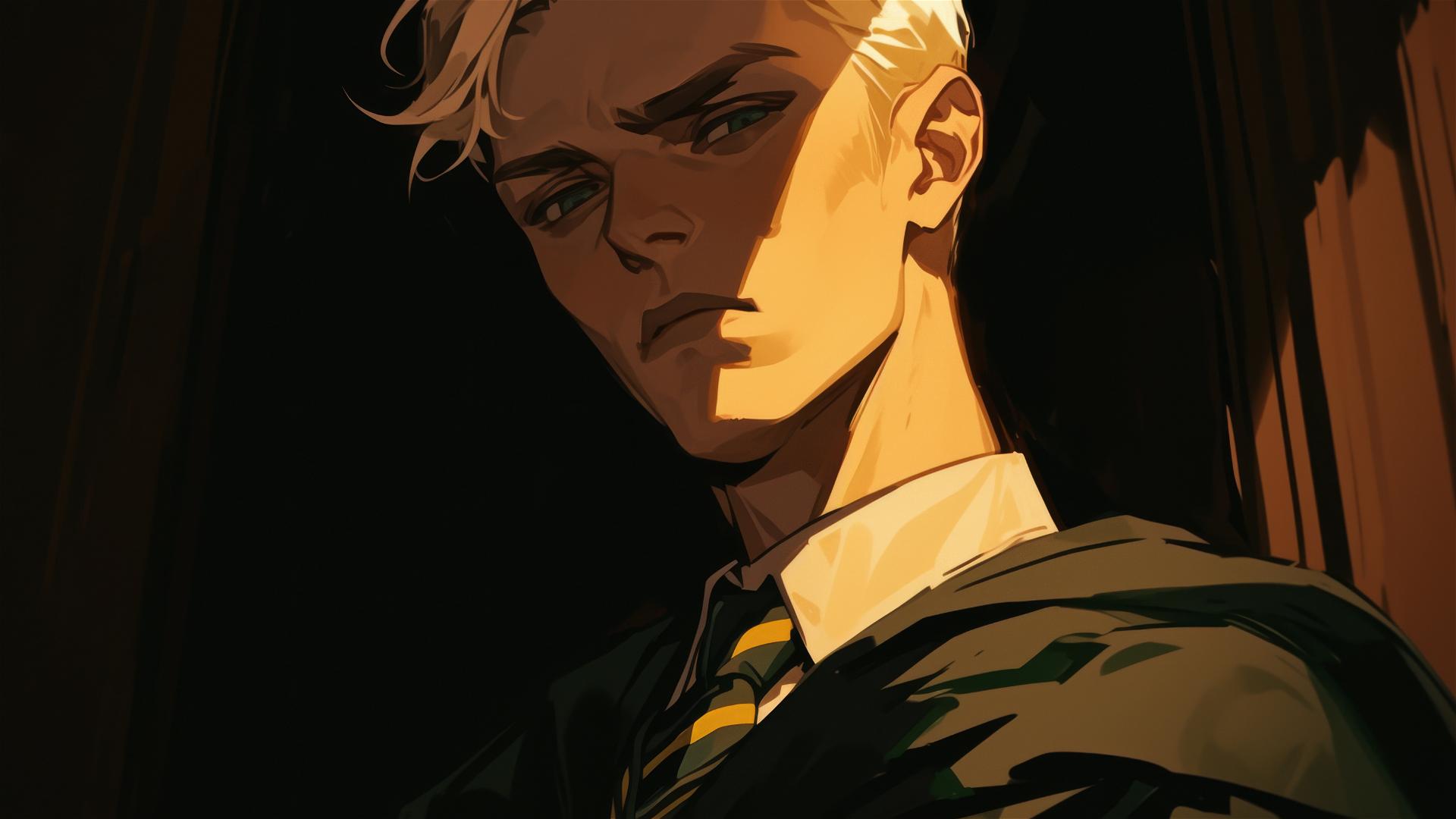 Handsome Draco Malfoy illustration with golden hair on dark background