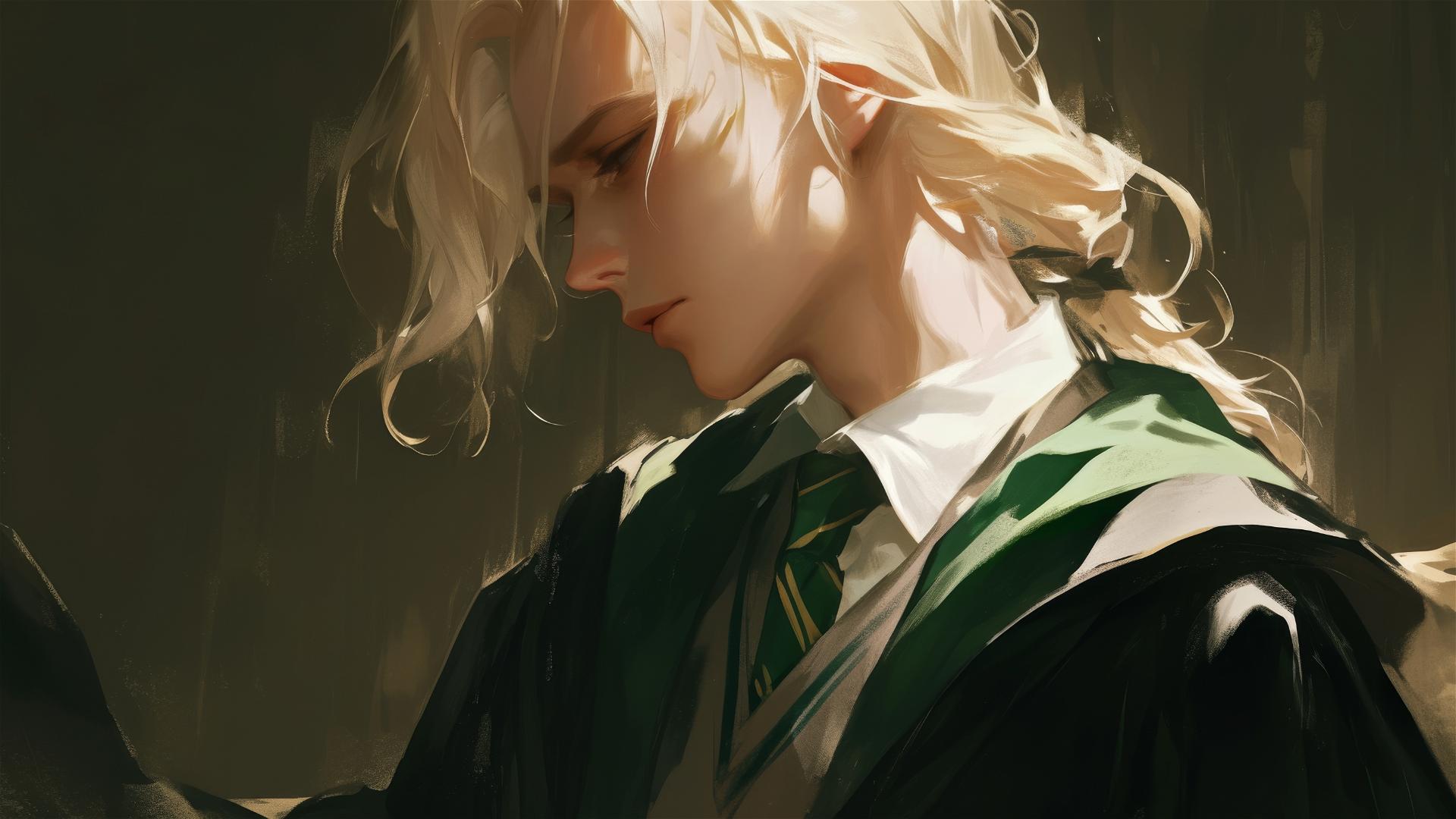 Artistic Draco Malfoy drawing with golden hair on a dark background