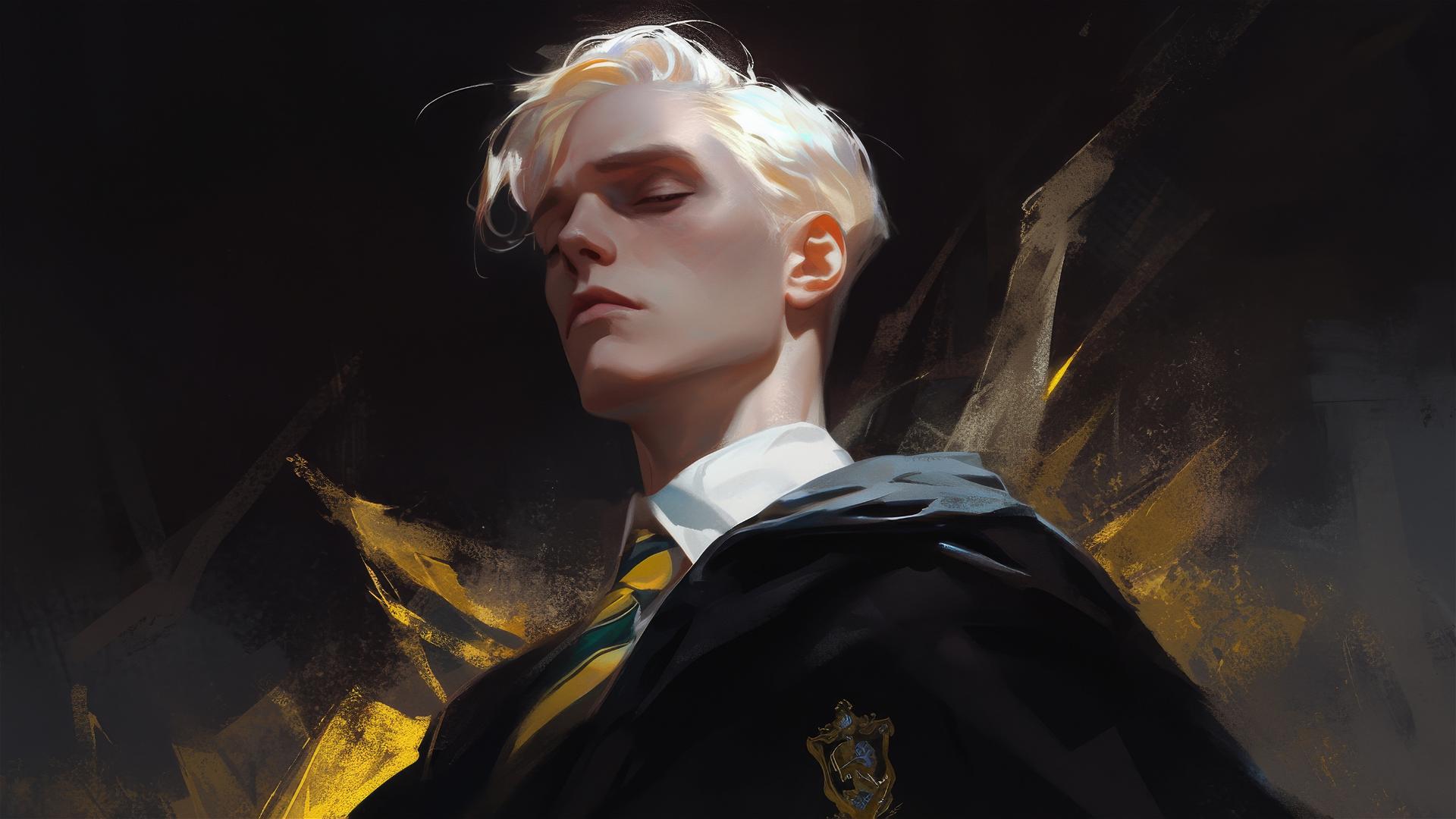 Artistic illustration of Draco Malfoy with golden hair on a dark background