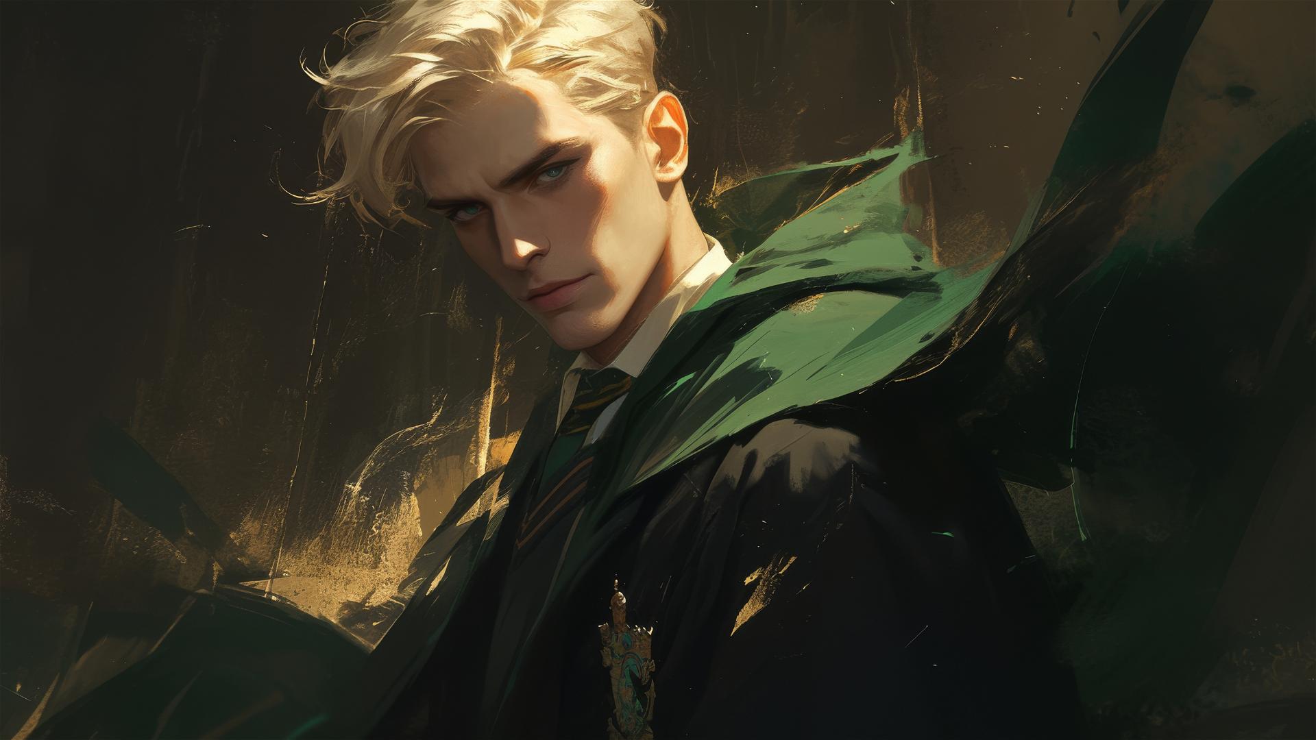 Artistic illustration of Draco Malfoy with golden hair on dark background