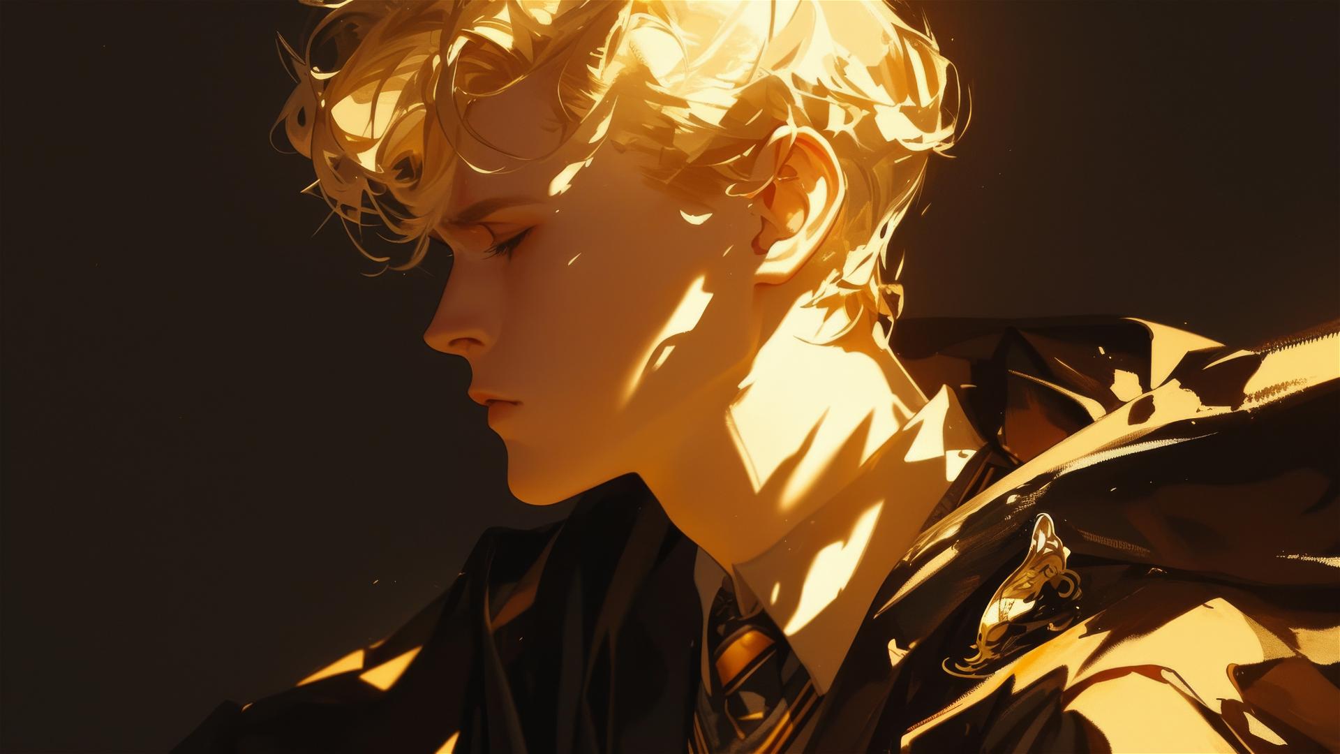 Artistic illustration of Draco Malfoy with golden hair on a dark background