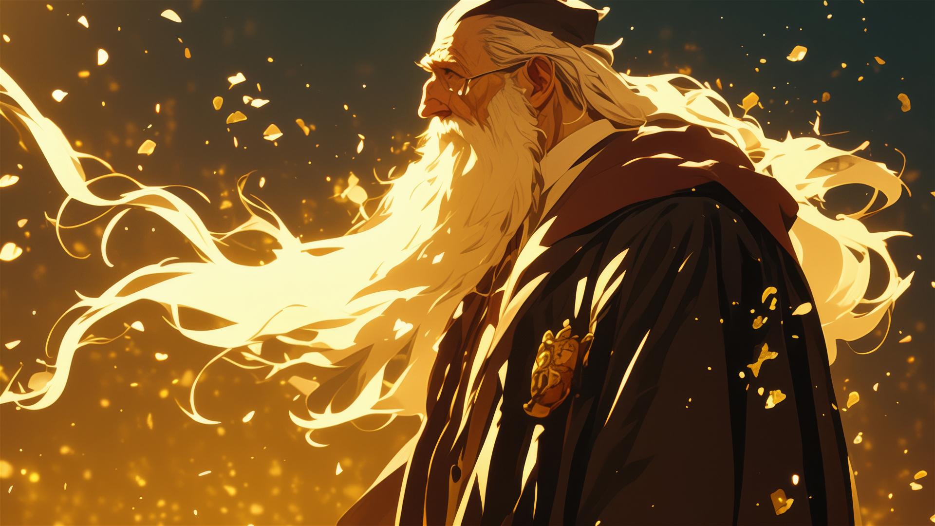Artistic illustration of Professor Dumbledore on a dark background with spotlight