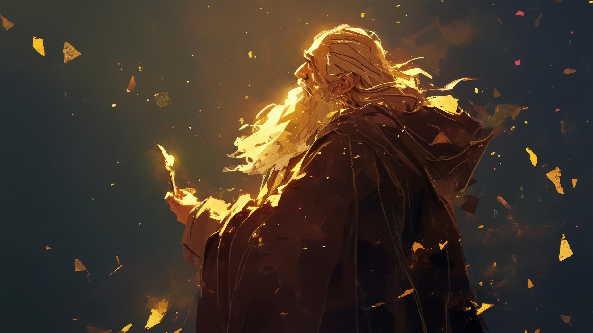 Artistic drawing of Albus Dumbledore on a dark background with spotlight