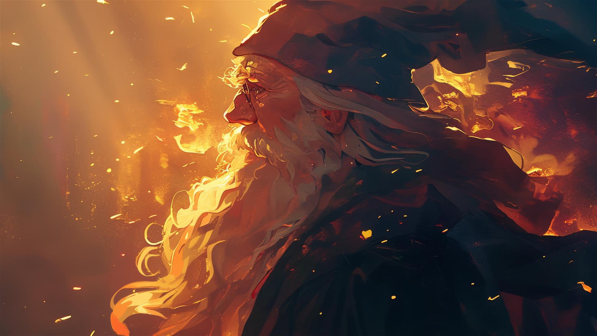 Artistic illustration of Dumbledore with a dark background and spotlight