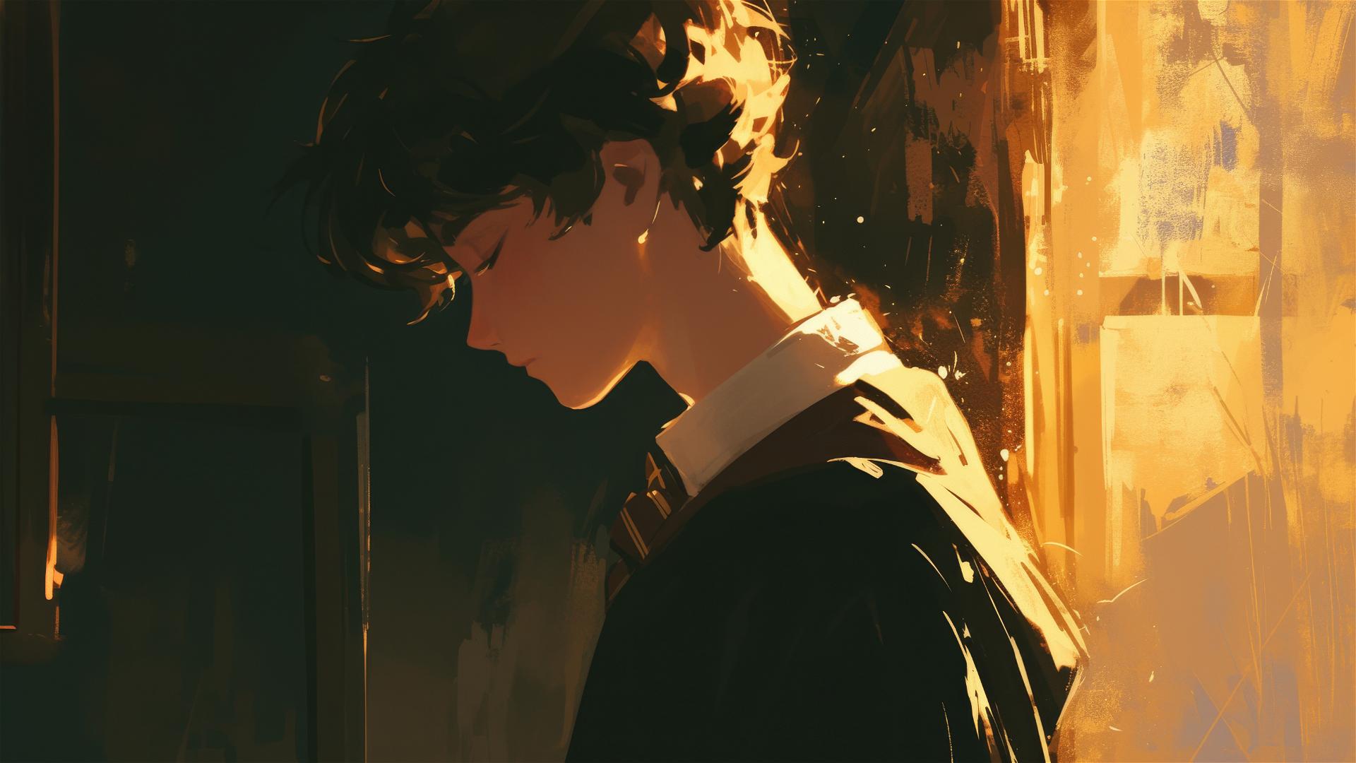 Artistic illustration of Neville Longbottom with a dark, spotlighted background