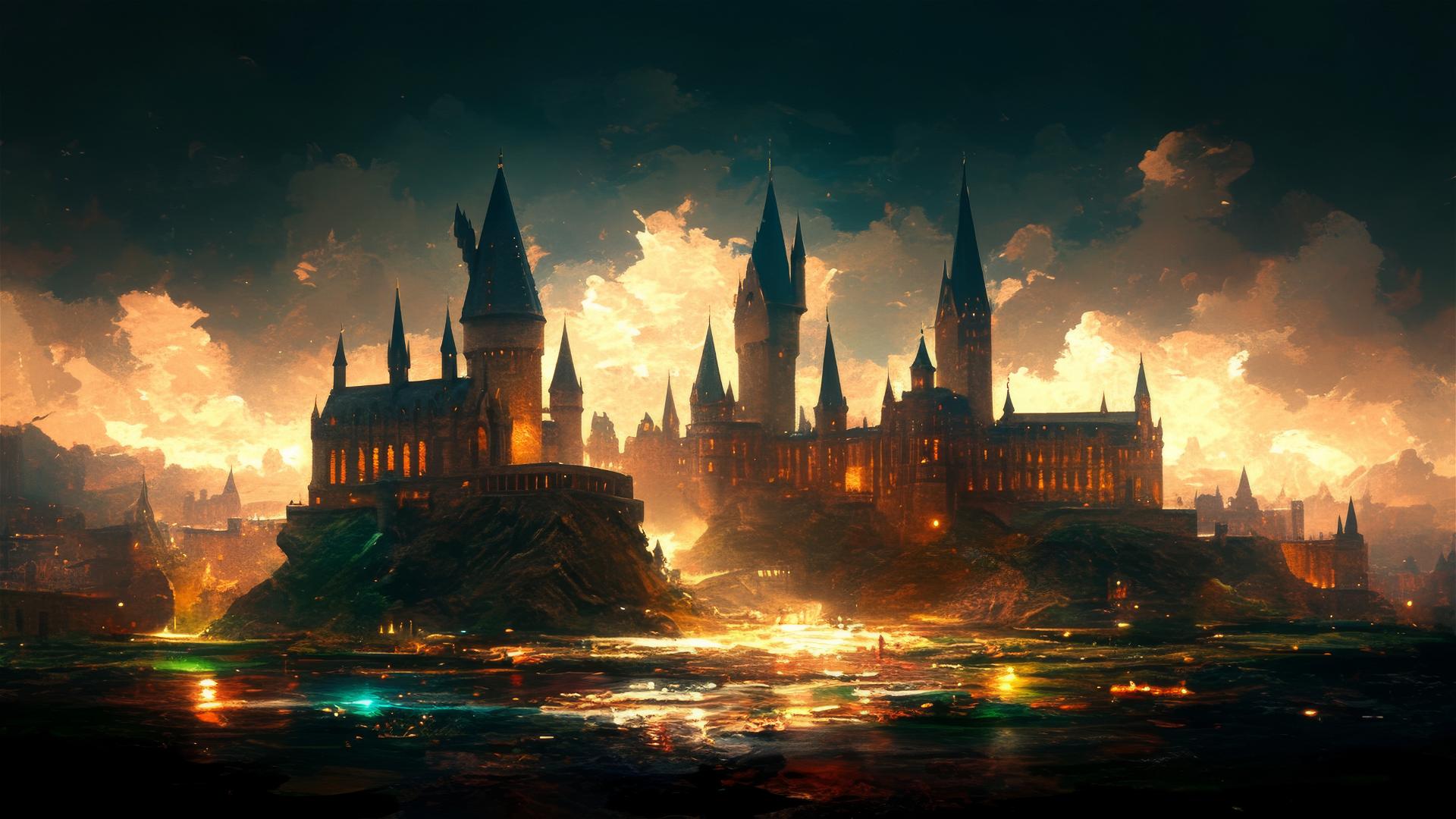 Illustration of Hogwarts School with dark background and spotlight