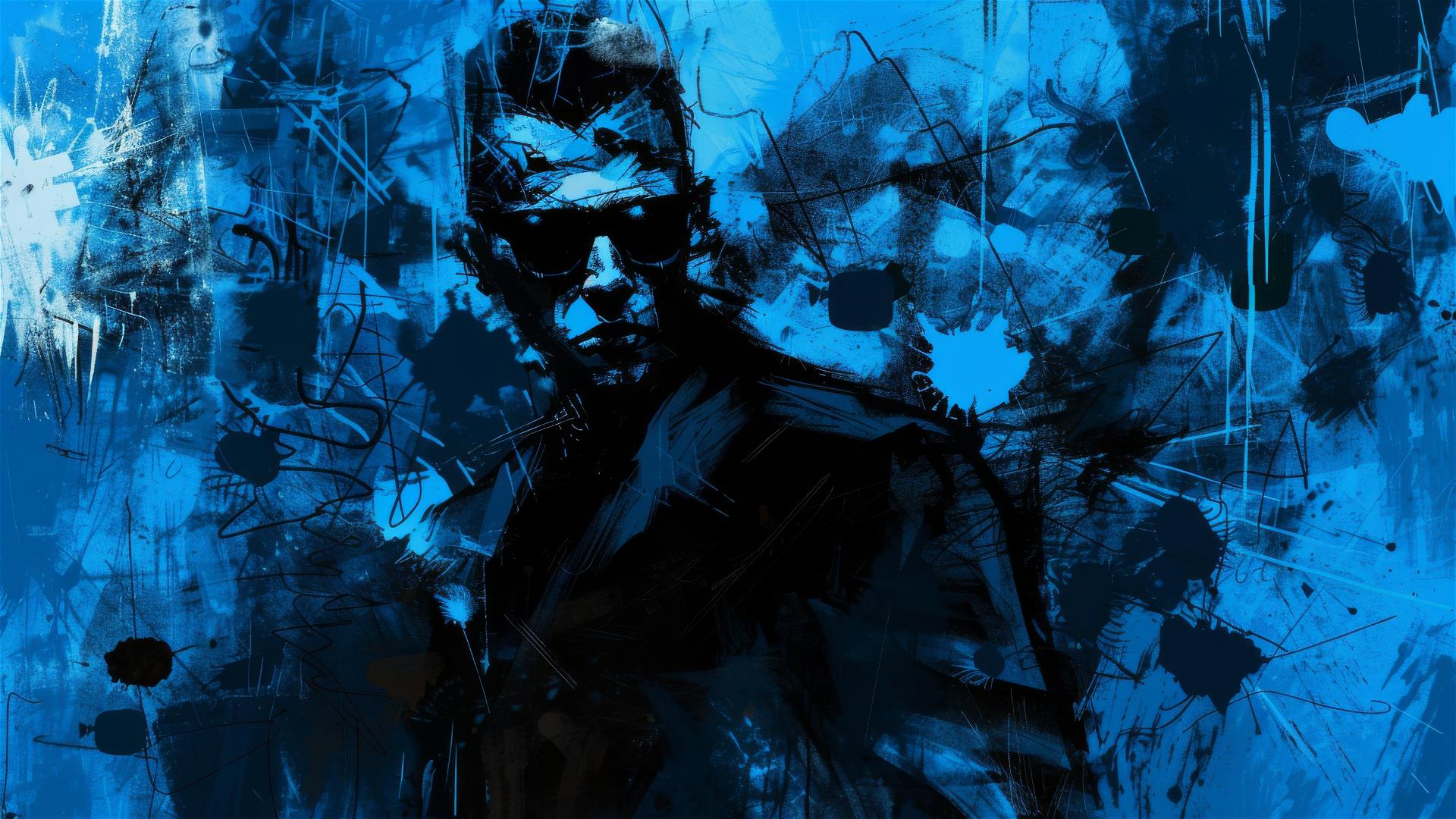 Sharp character in sunglasses amid blue-black brushstrokes