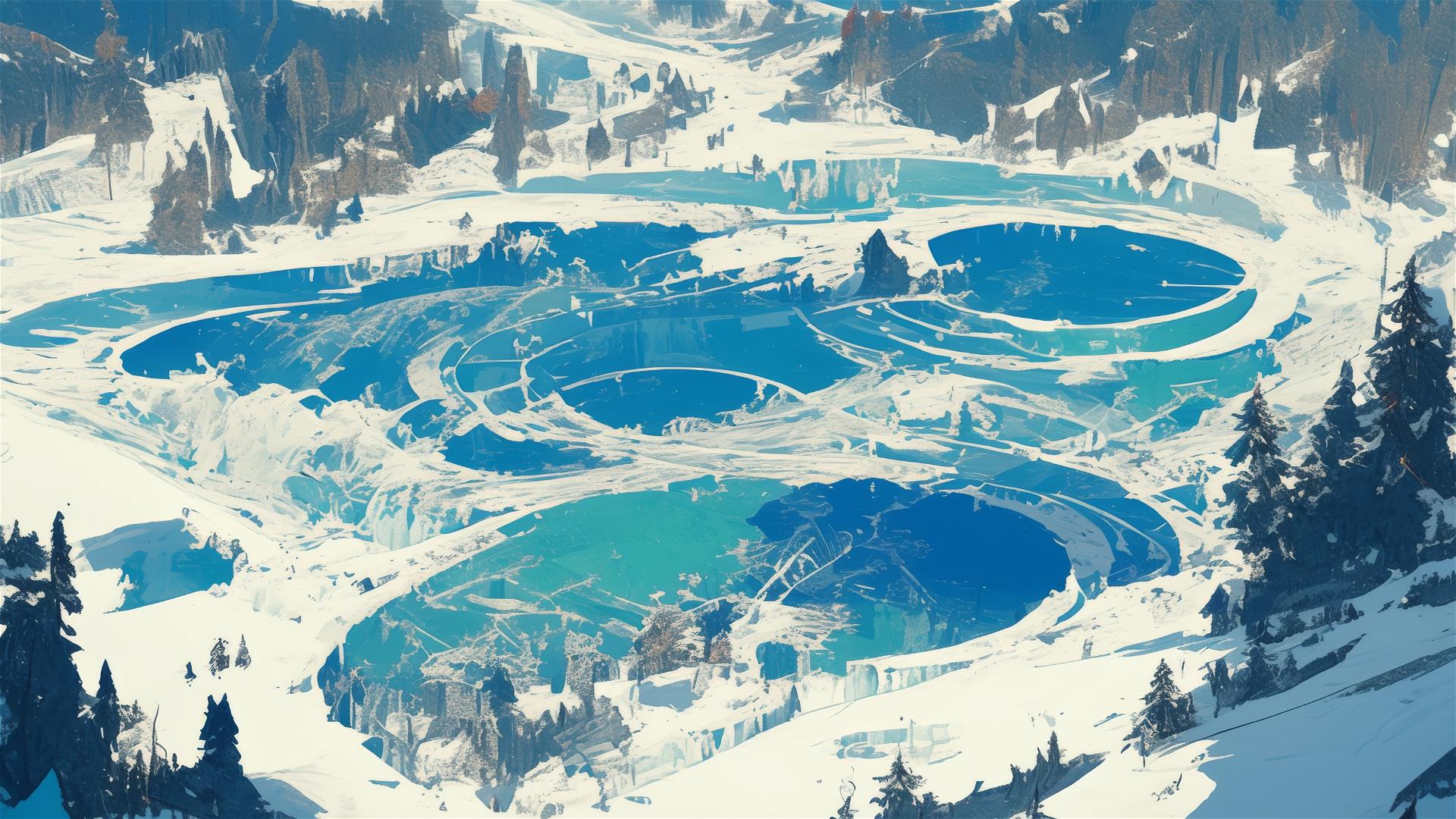 Frozen lake with ice patterns and snow-dusted pines