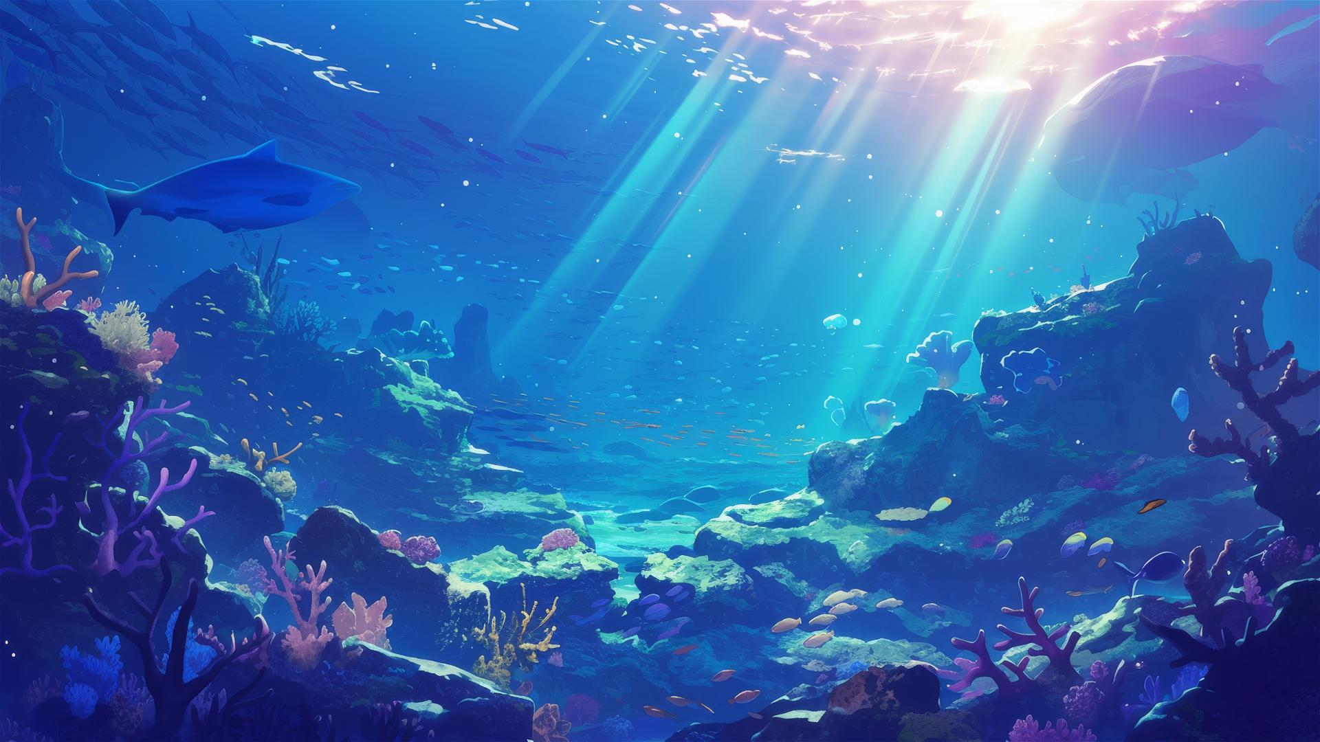 Moonlit coral reef with marine life and light rays
