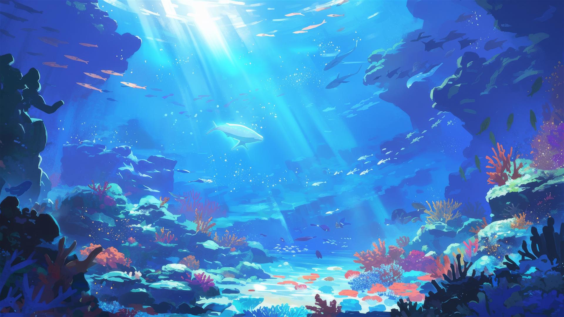 Moonlit coral reef with vibrant marine life and light rays