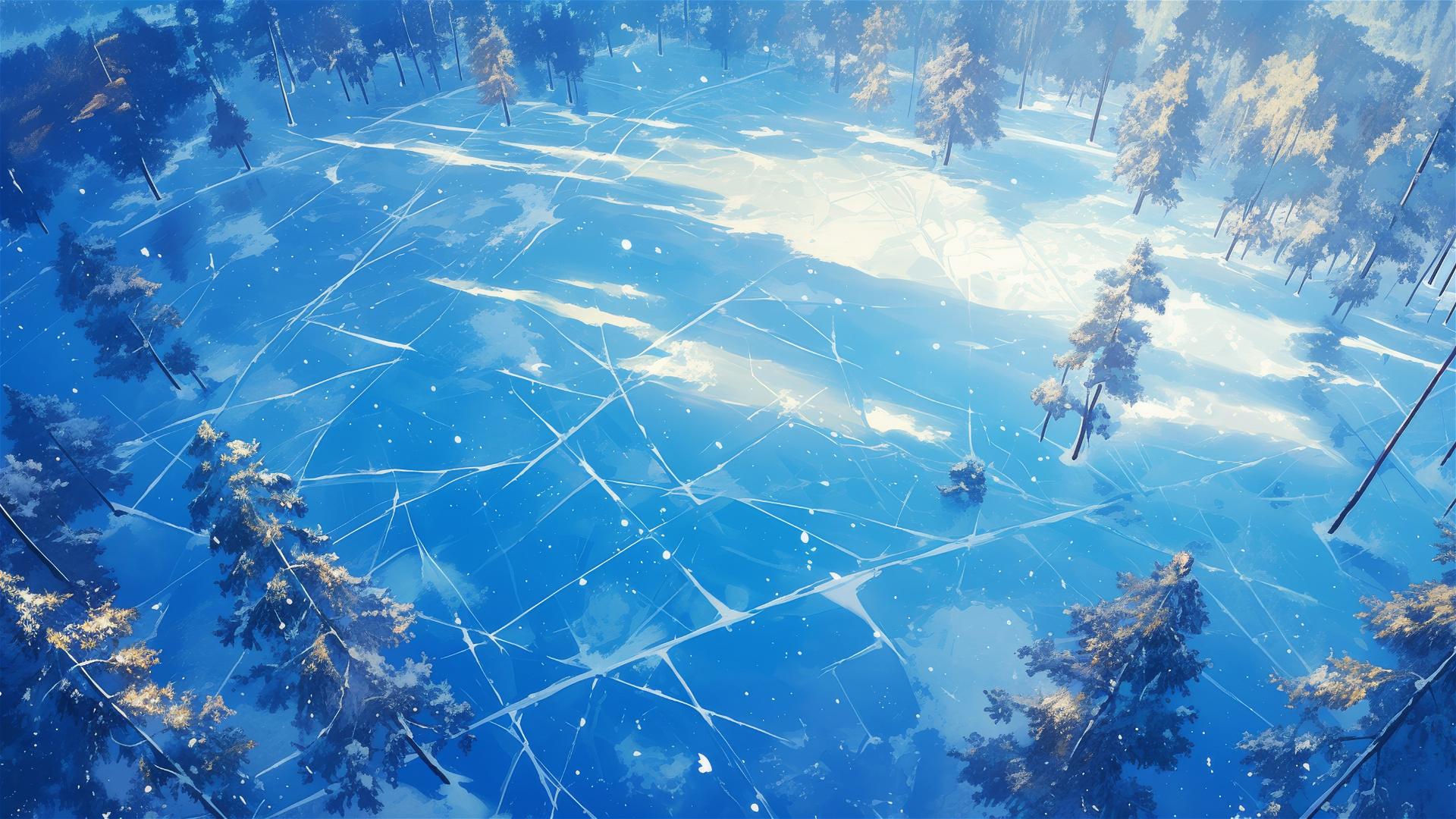 Frozen lake with ice patterns and snow-dusted pines