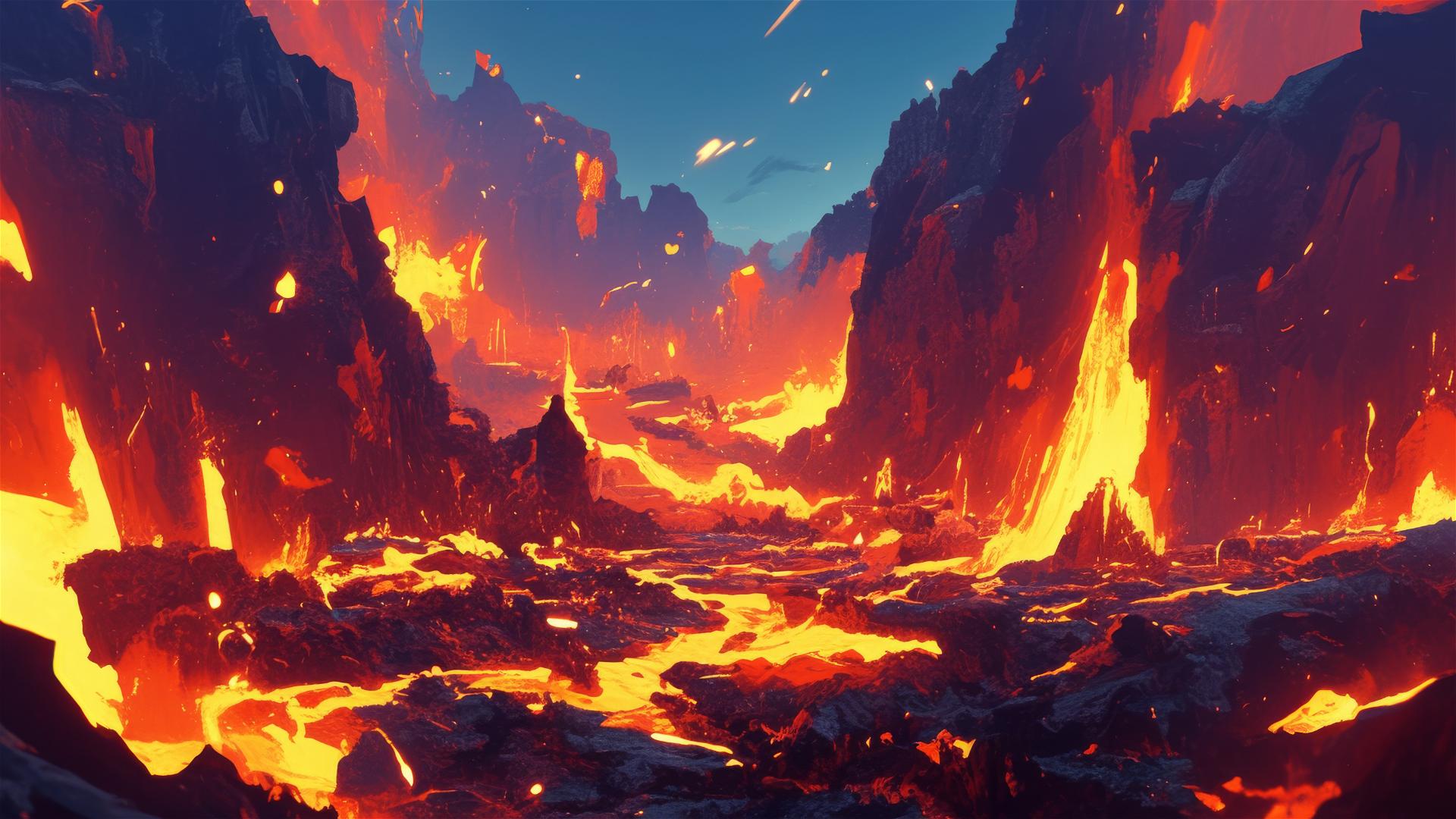 Glowing lava flow at night on rugged terrain
