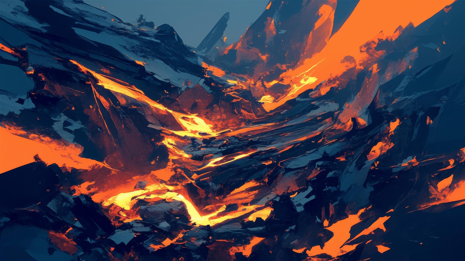 Glowing orange lava flow on dark volcanic rocks at night