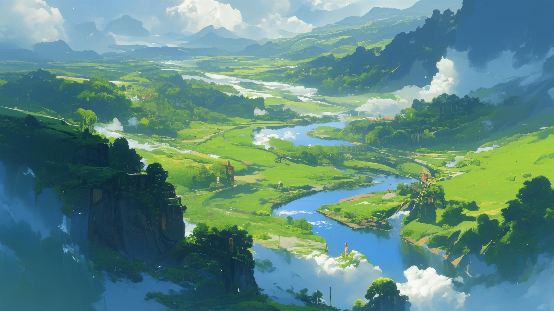 Aerial view of misty valley with greenery and winding river
