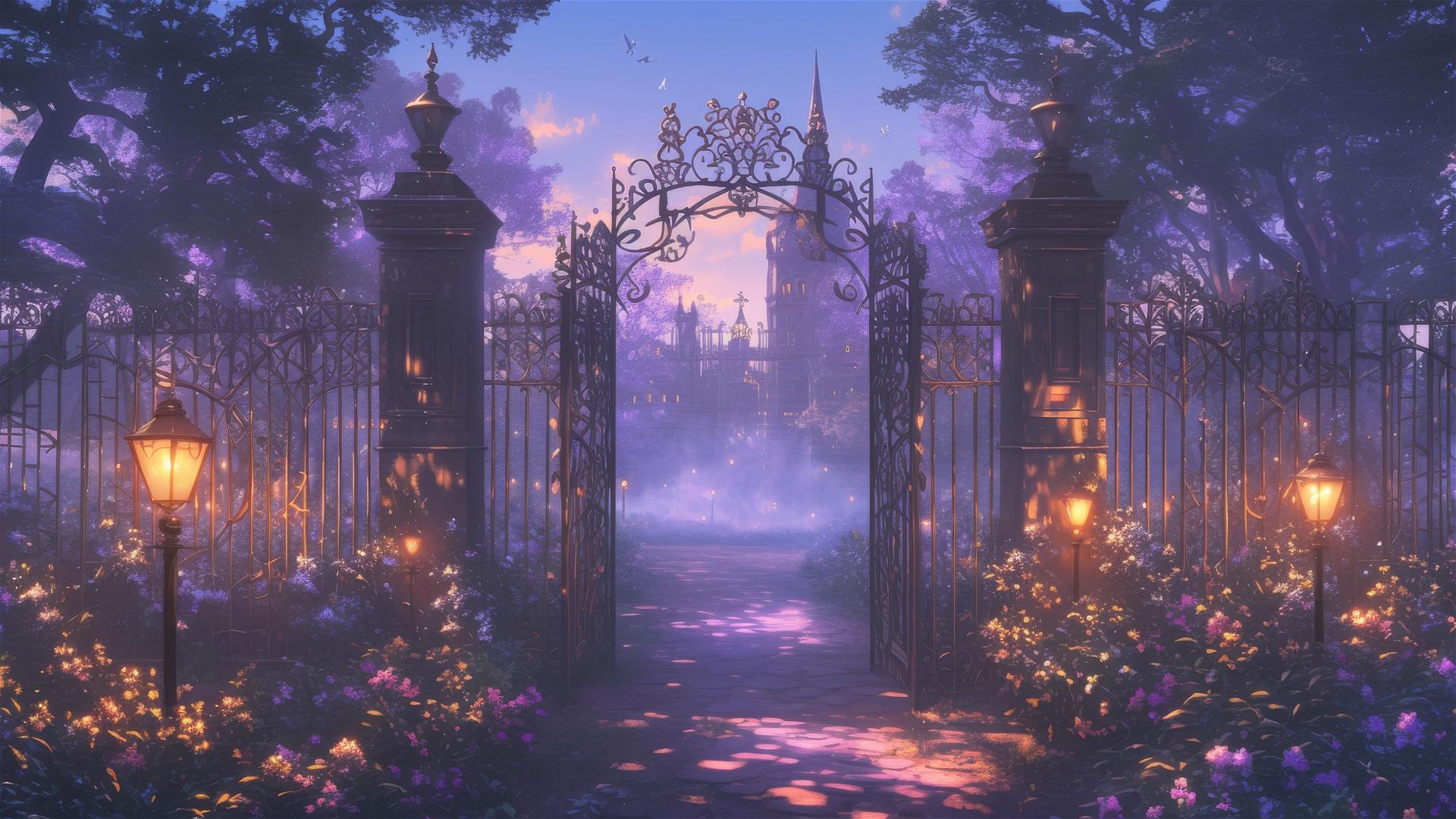 Victorian garden at twilight with glowing lights, open iron gates and fog