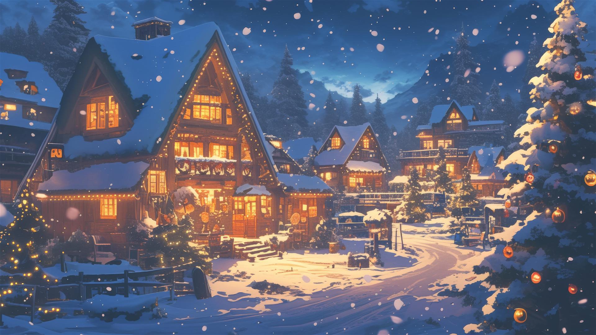 Snowy village at night with twinkling lights and gentle snowfall