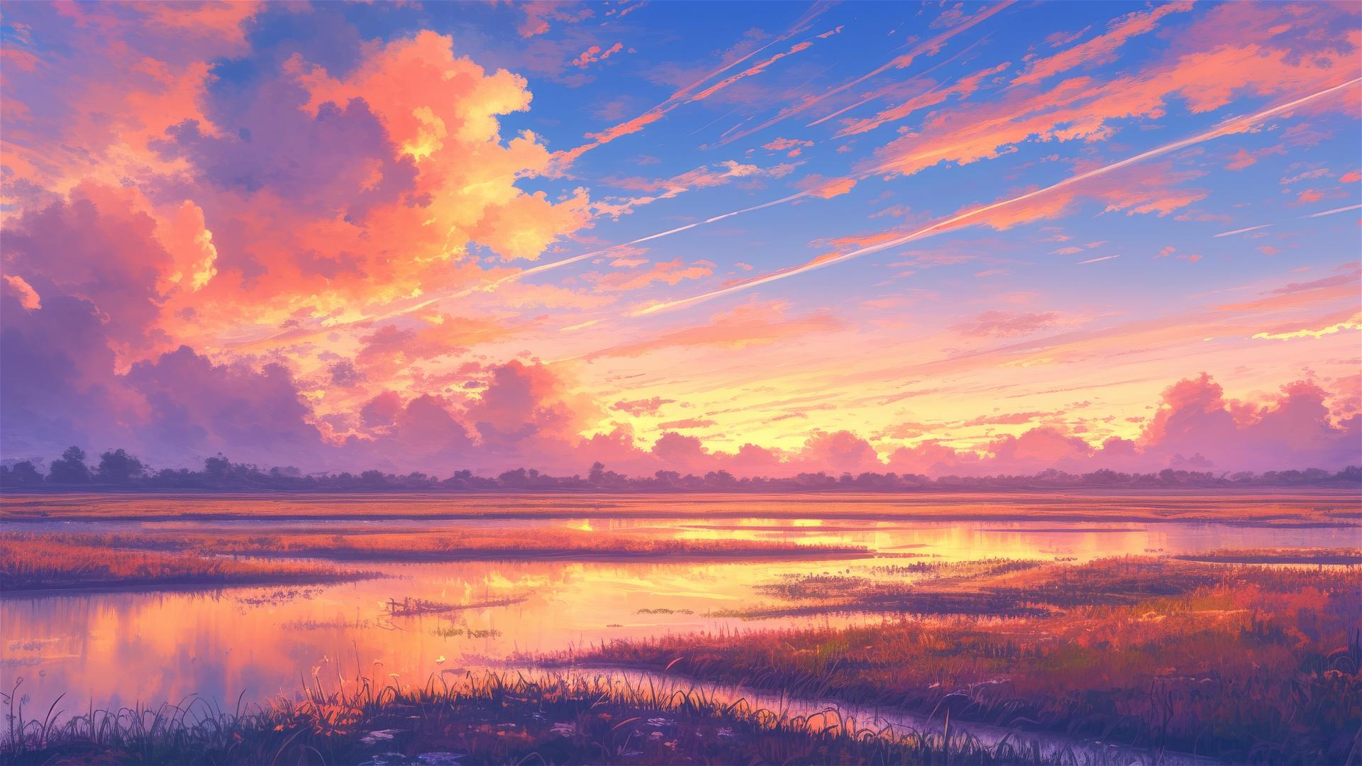 Quiet marsh at sunset with orange and pink sky reflecting on still water