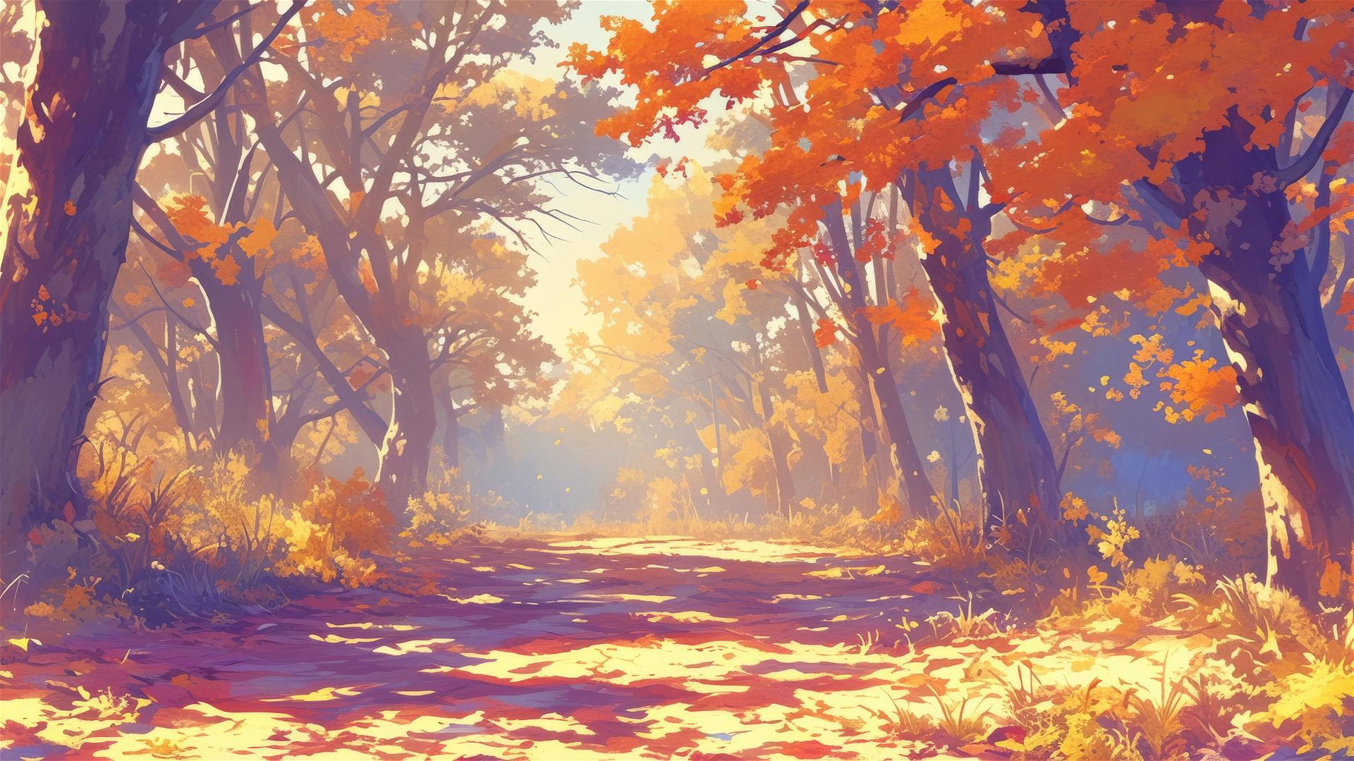 Secluded forest trail with vibrant autumn leaves and clear sky view