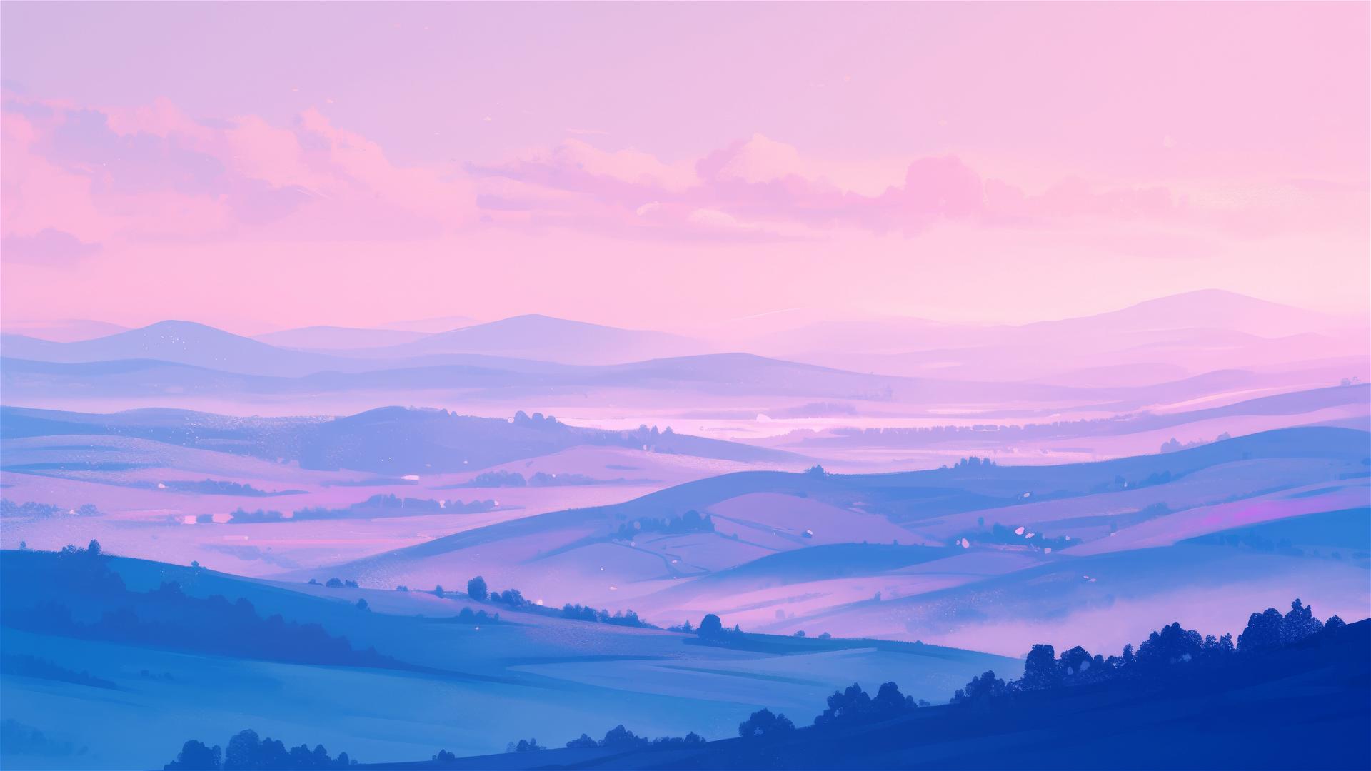 Dreamlike misty hills with lavender and pink twilight sky