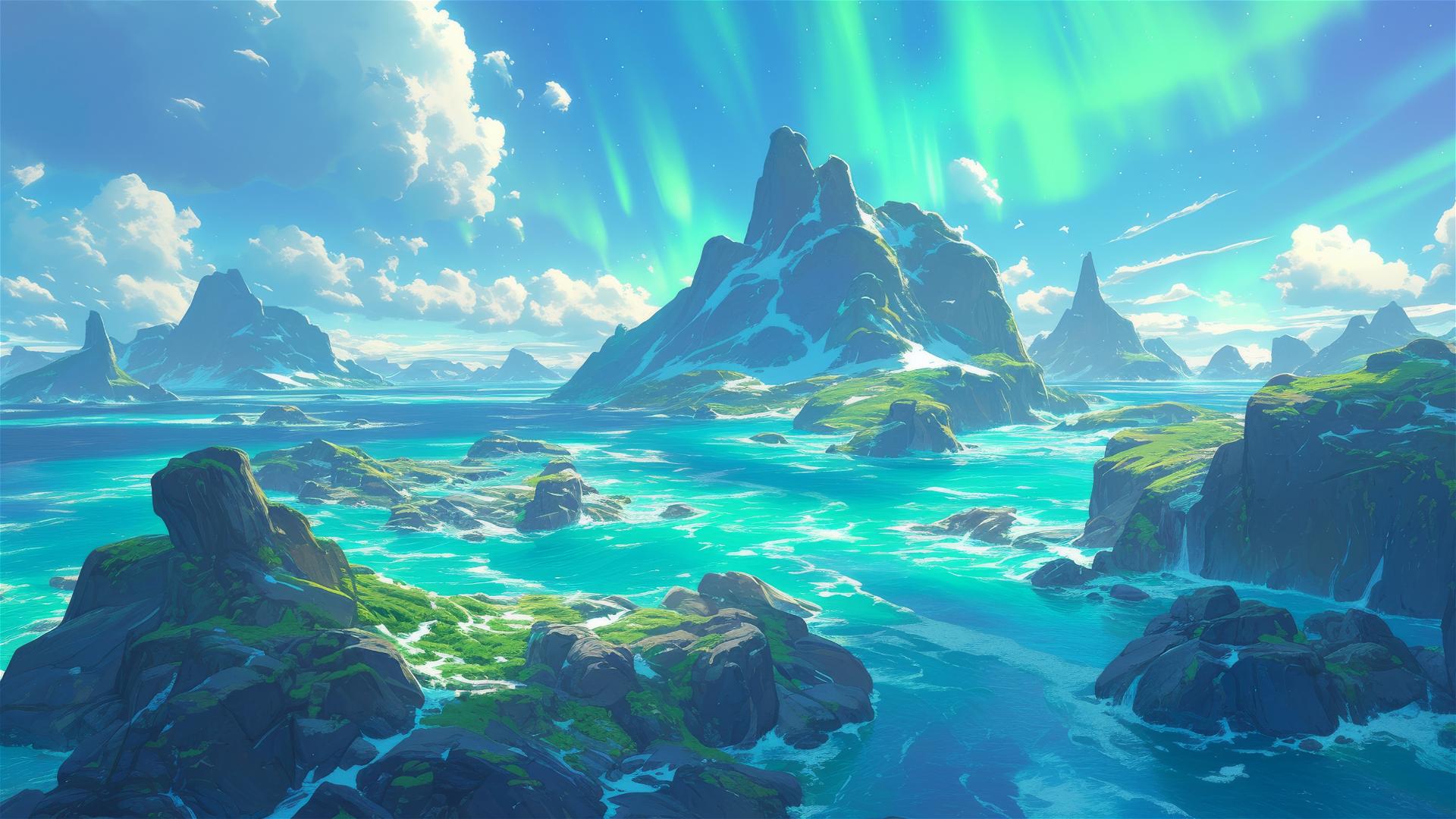 Mystical aurora borealis over glowing island archipelago