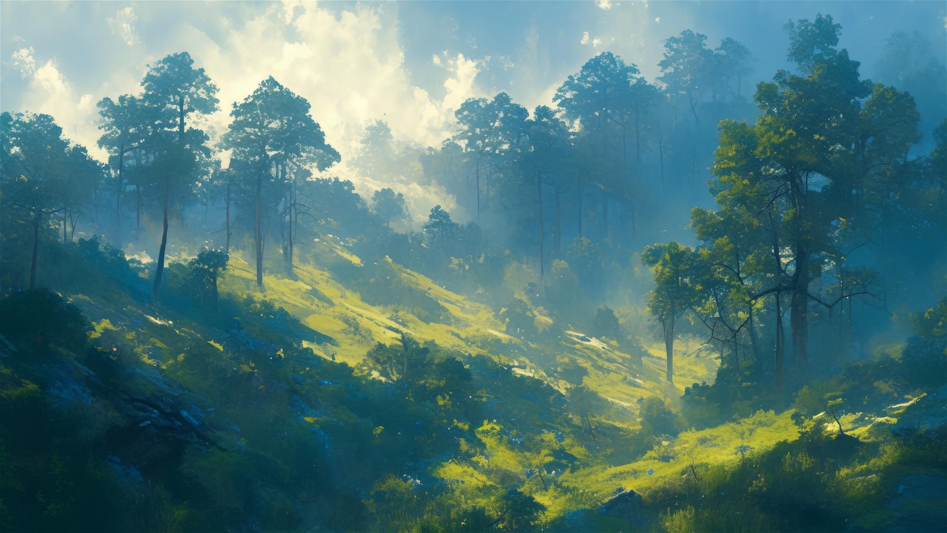 Misty grove with morning fog weaving through trees, tranquil and mystical.