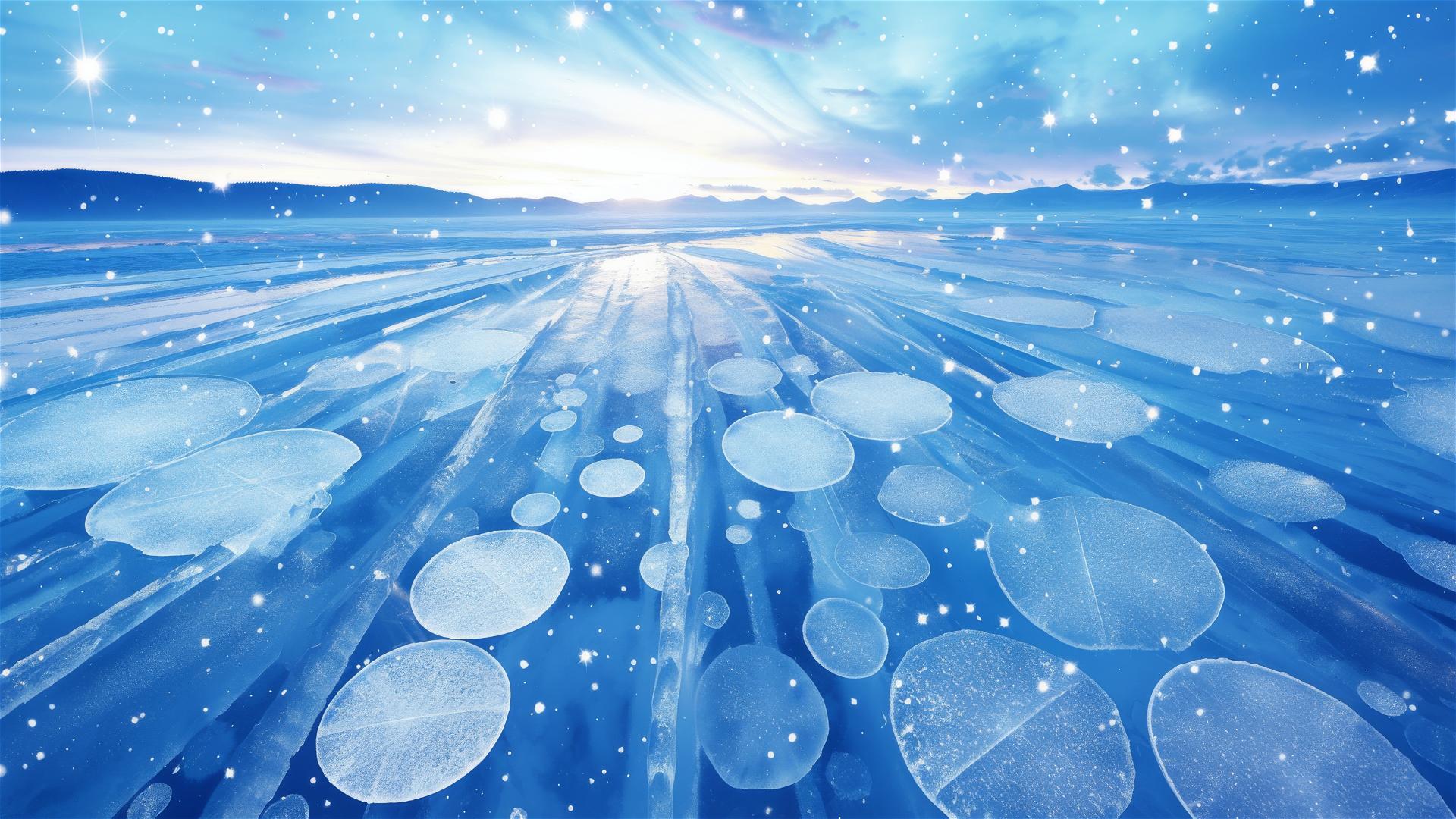 Trapped bubbles in frozen river creating surreal patterns