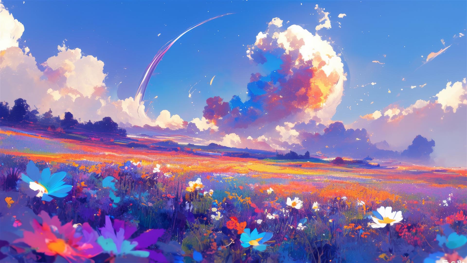 Floral meadow with nebula-inspired colors under starry sky