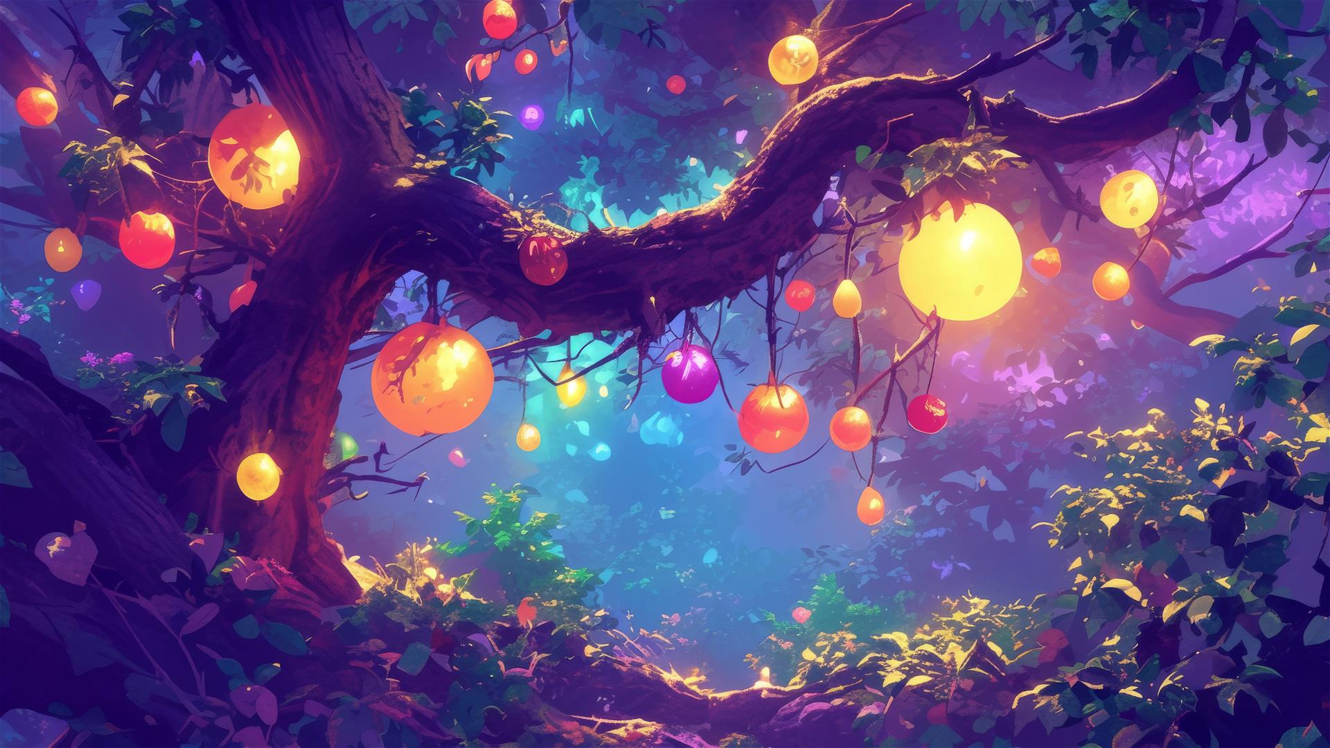 Glowing lantern fruits in colorful forest